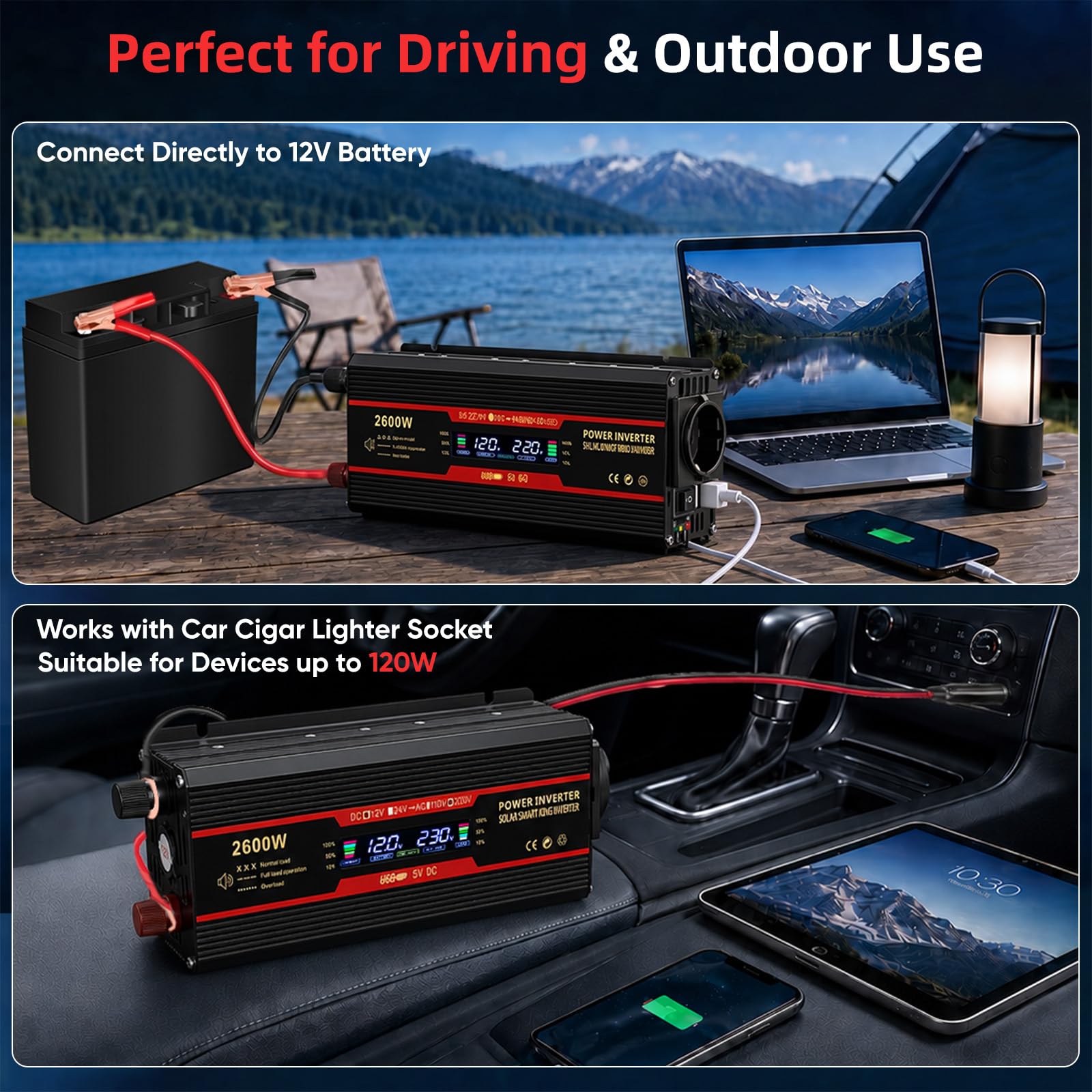 2000W 12V 220V/230V Convertisseur Pur Sinus de Tension Volts Voiture Solaire Power Inverter sinusoïdale DC AC, Onduleur Transformateur avec Allume Cigare Prise Electrique