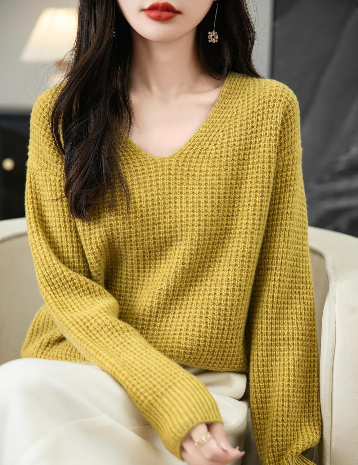 Chanyarn Women's 100% Merino Wool Sweater 2025 Fall Winter Casual V Neck Long Sleeve Waffles Knit Sweater Pullover