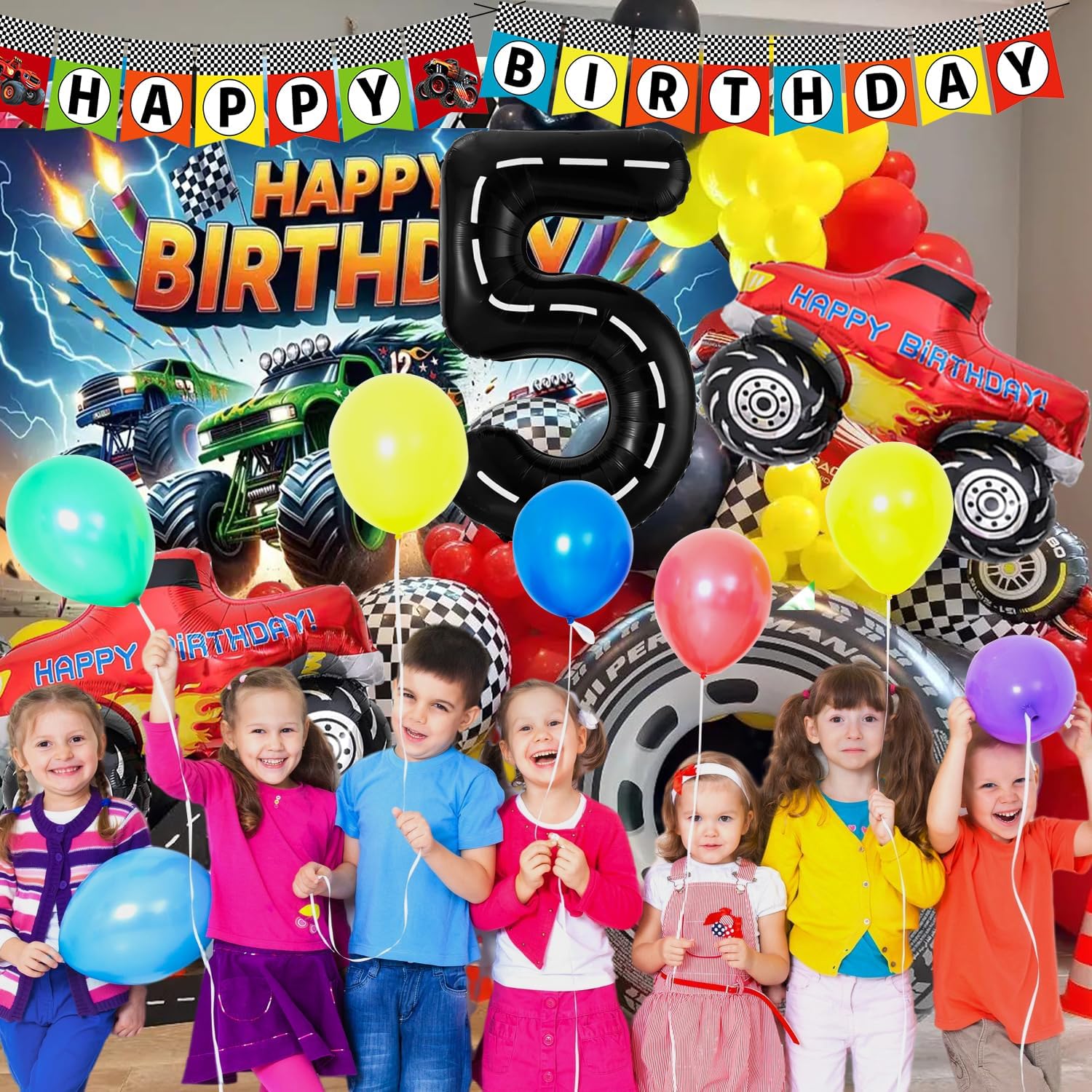 5th Birthday Monster Big Truck Theme Birthday Party Decorations Set Including Giant 40 Inch Number 5 Balloon, Backdrop, Banner, Cake Topper
