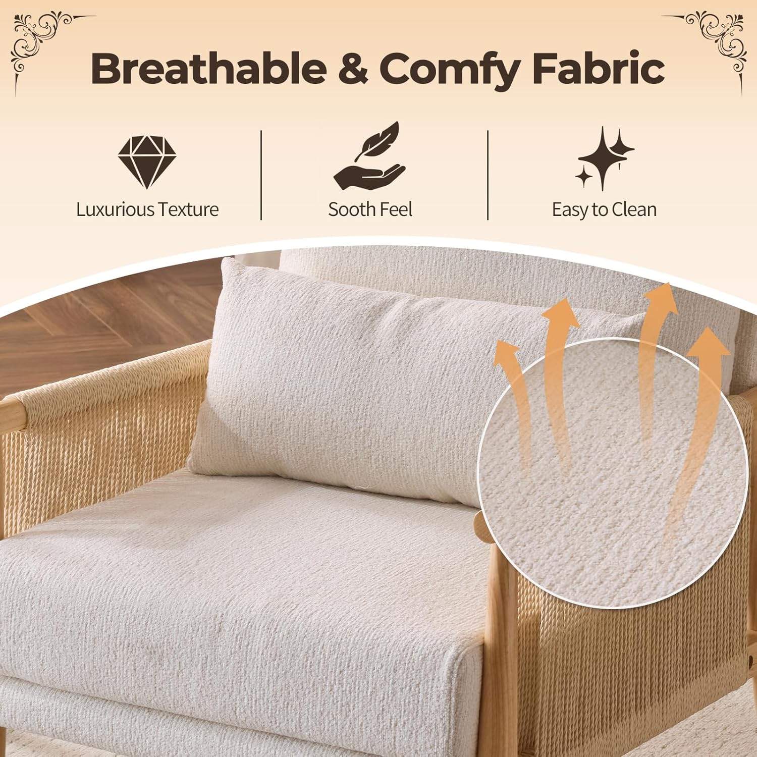 Karl home Cozy Chenille Accent Chair with Lumbar Pillow & Rattan Arms Modern Lounge Chair for Living Room, Bedroom, Reading Nook, Beige