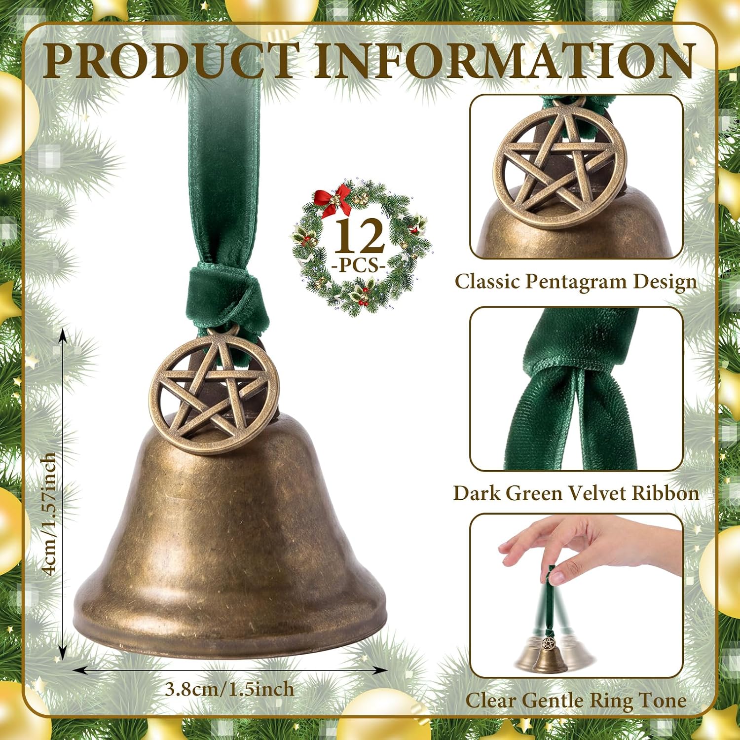 Arrowbash 12 Pcs Yule Bells Ornaments Witch Bell with Pentagram Pagan Decor
