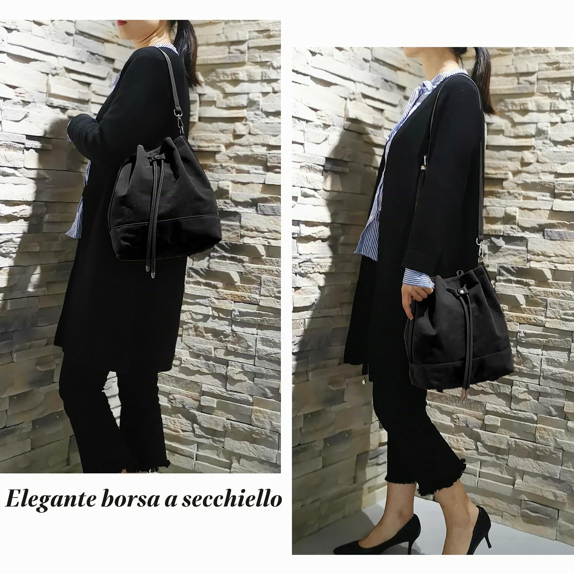 AFKOMST borsa a secchiello Borse a tracolla Donna Sera Pochette Shopping Viaggio Sacchetto Borsello Borsa a mano Borsa per donna (Black2)