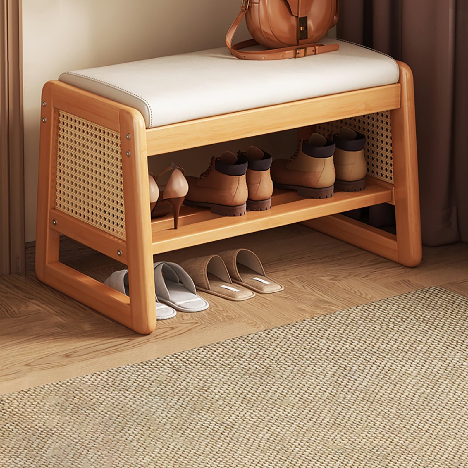 WJFTODAY Modern Wood Shoe Rack Bench with Cushioned Seat Stylish Shoe Storage Stool for Hallway & Mudroom Easy Assembly Perfect for Entryway nization
