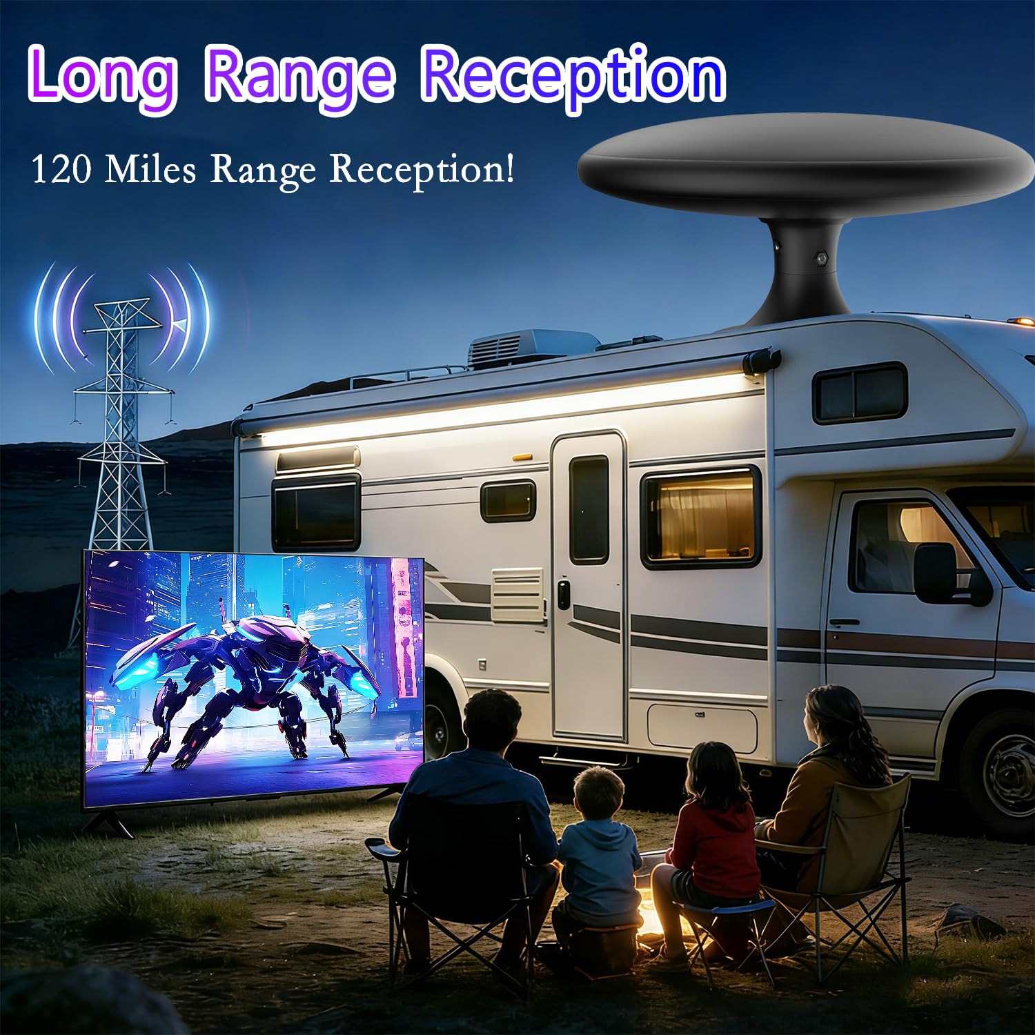 Antenna TV per camper con segnale amplificato, antenna TV digitale HD per esterni con ricezione a lungo raggio, facile installazione, per camper, rimorchi, camion, roulotte, barche (nero)
