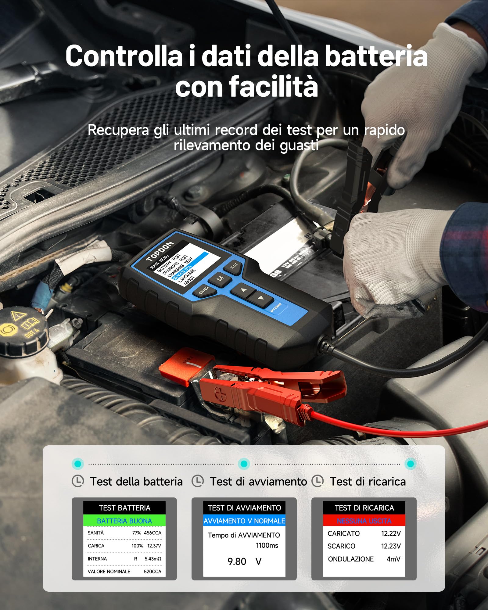 TOPDON Tester Batteria Auto BT200, 12V 24V 100-2000 CCA Tester per Batterie, con Test della Batteria, del Caricatore e dell'Accensione per Auto Moto Barche SUV e Camion, 2,4 pollici