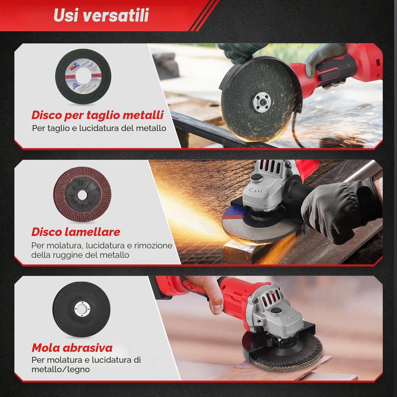 Smerigliatrice Angolare a Batteria 21V, 125mm Smerigliatrice angolare senza fil con 2 batterie 3.0Ah, 13500 RPM, 3 Velocità con ruote da taglio, levigatrice lamellare per taglio e macinazione