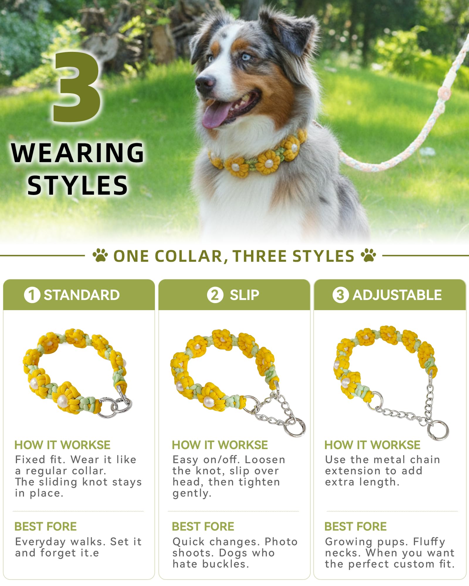 Boho Daisy Collier pour chien en paracorde fait à la main Motif marguerite Jaune Taille XL 50,8 - 61 cm