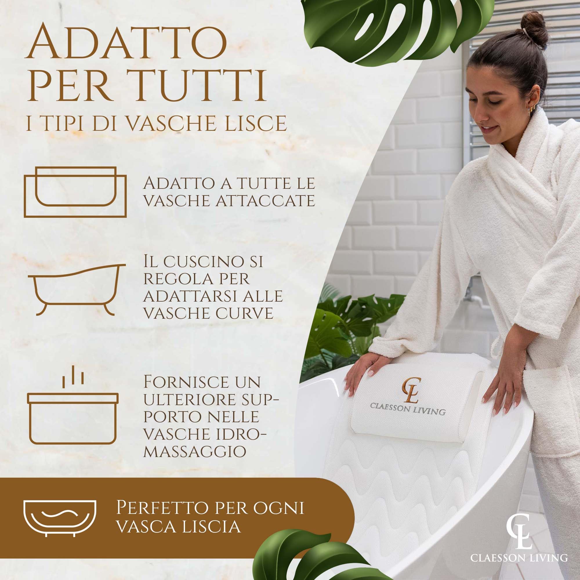 Cuscino Vasca da Bagno per Tutto il Corpo (125x43cm) - Cuscino Bago con ventose e Poggiatesta; Supporta Collo, Schiena e Gambe – Incl. Borse per Lavaggio e da Viaggio e Ganci per Asciugatura - Blanco