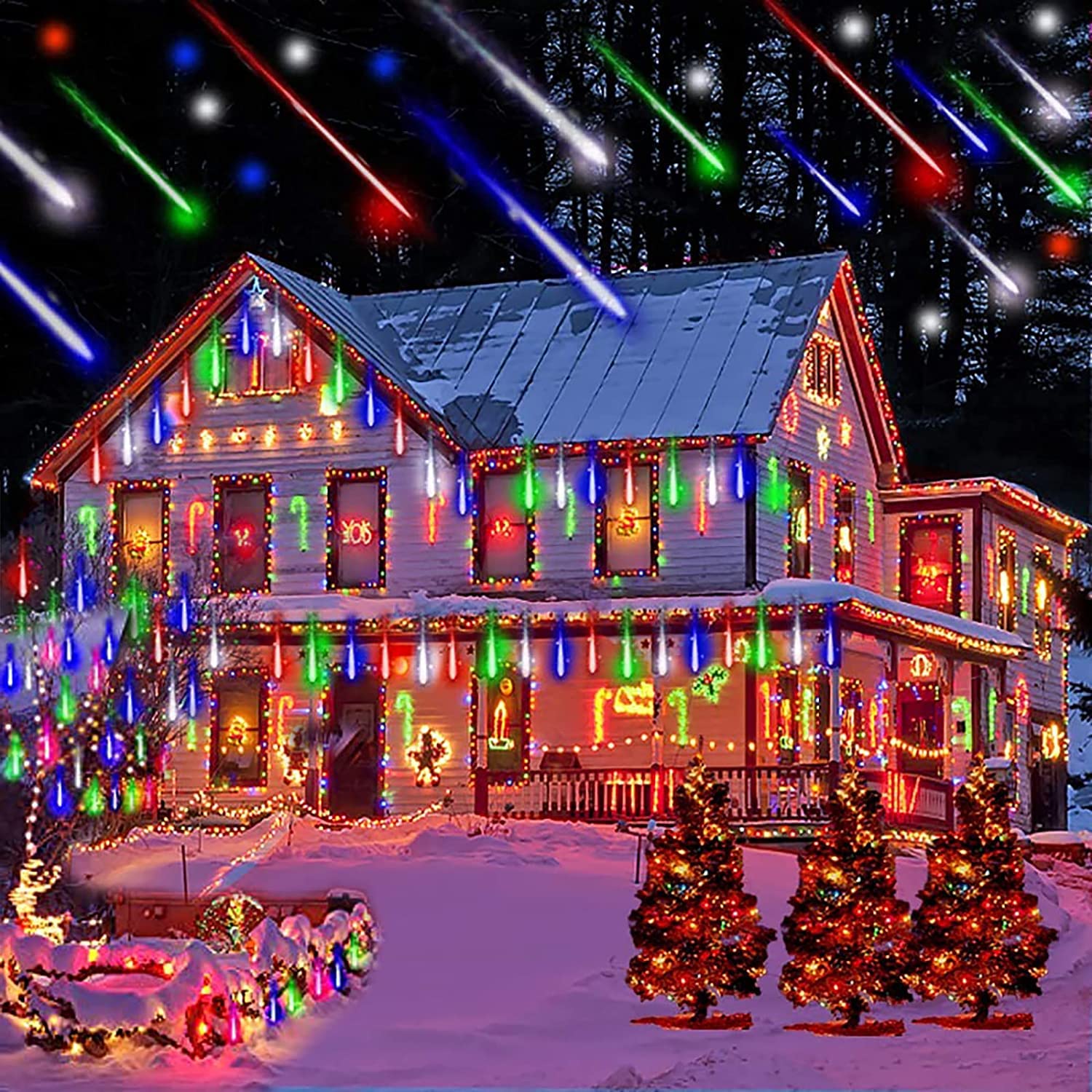 EOANT Meteor Schauer Regenlicht, Solar 360LED im Freien Weihnachten Regenlicht Schneeflocke Eis String Licht 10 Rohre 30cm Weihnachtsgarten Hochzeitsfeier Baum Balkondekoration (Multicolor)