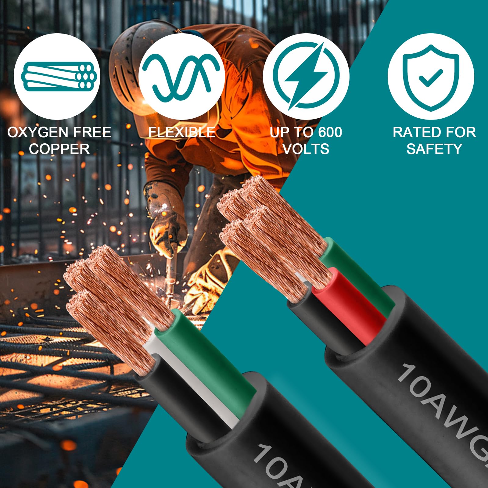 SOOW Fil 6/3 3 m, 6 AWG 600 V, câble d'alimentation portable de calibre 6, câble d'alimentation portable à 3 conducteurs, rallonge pour soudeur, générateur, lumière portable, circuits, chargeur de