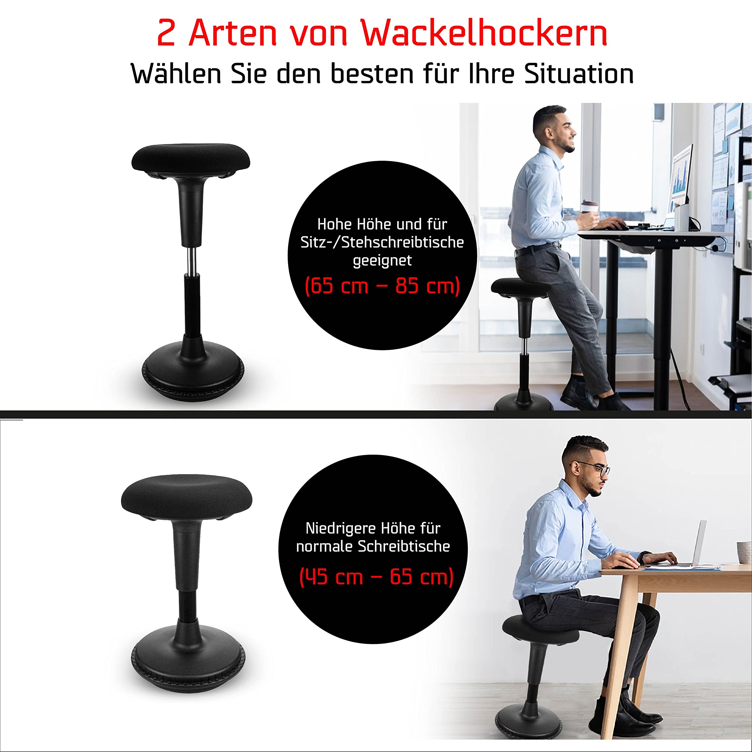 Ergonomischer Hocker höhenverstellbar zum Sitzen & Stehen (Schwarz, 45-65 Variante) - Sitzhocker Bürohocker ergonomisch - Schreibtischhocker mit Schwingeffekt - Stehhilfe