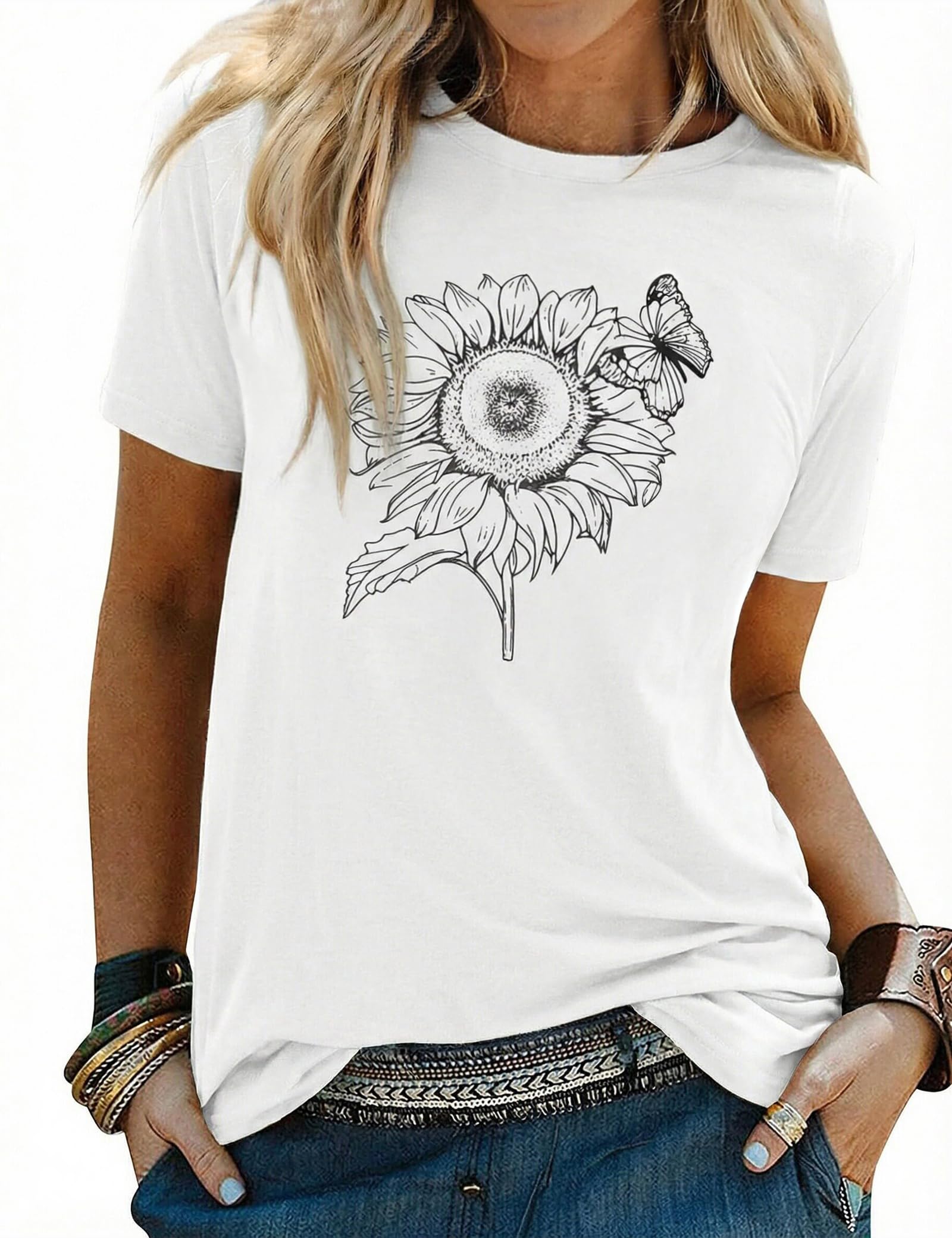 Gyabnw Damen Sonnenblumen T Shirt Sommer Rundhals Basic Tops Kurzarm Bluse Casual Freizeit Oberteil