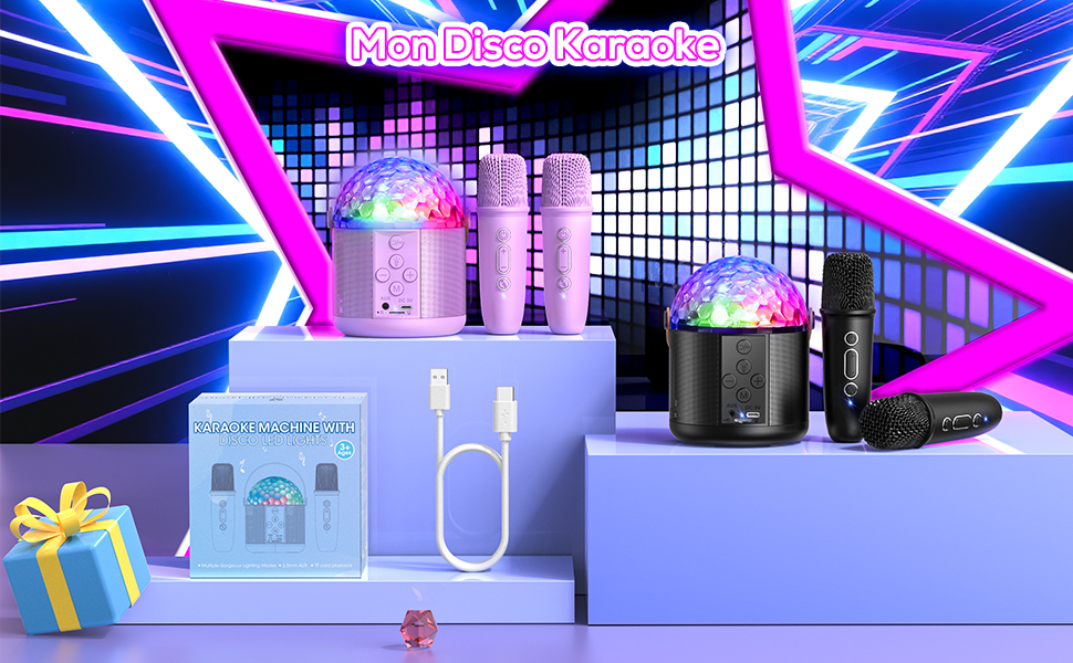 MONODEAL Machine Karaoké Enfants - Mini Haut-Parleur Bluetooth Portable Avec 2 Micros Sans Fil Et Lumières LED - Cadeau Anniversaire Filles Garçons