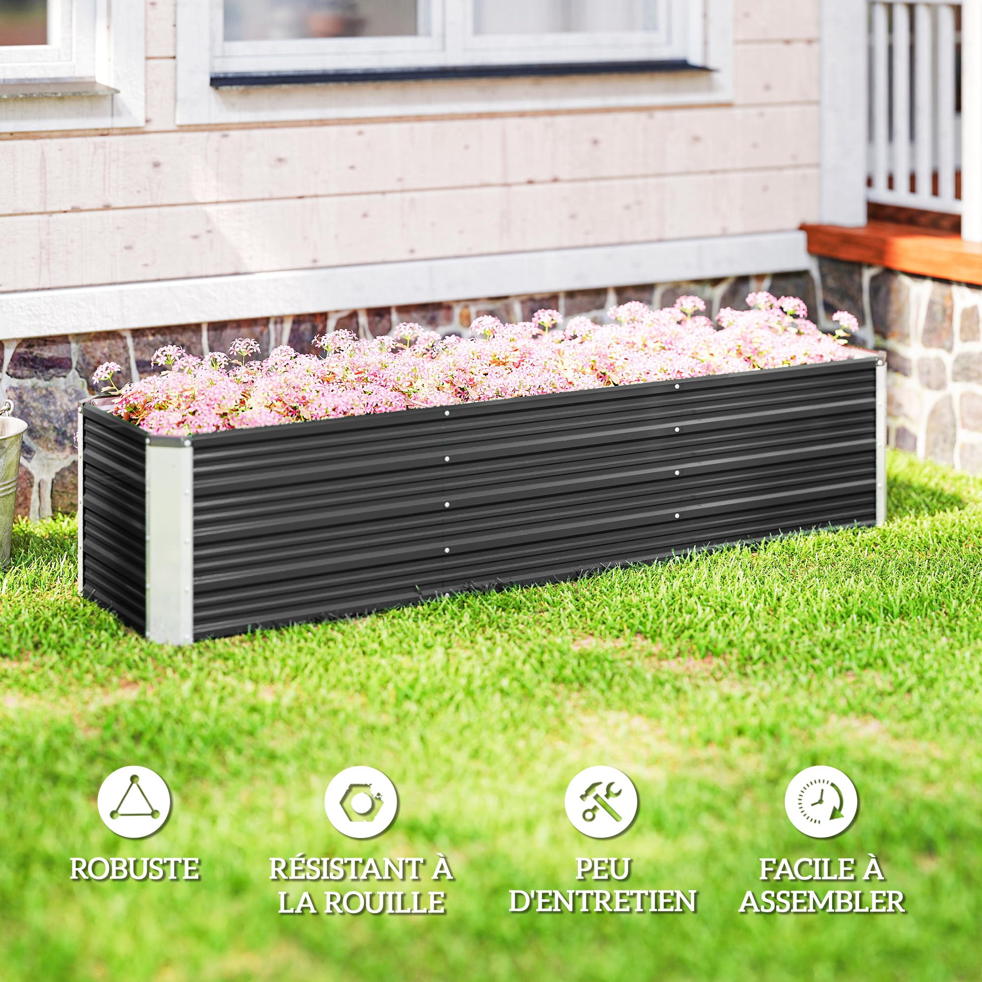 Outsunny Jardinière surélevée en Acier avec Gants 183x47x40 cm Gris | Lit de Jardin, Carré Potager de Jardin pour Fleurs, Herbes, Légumes