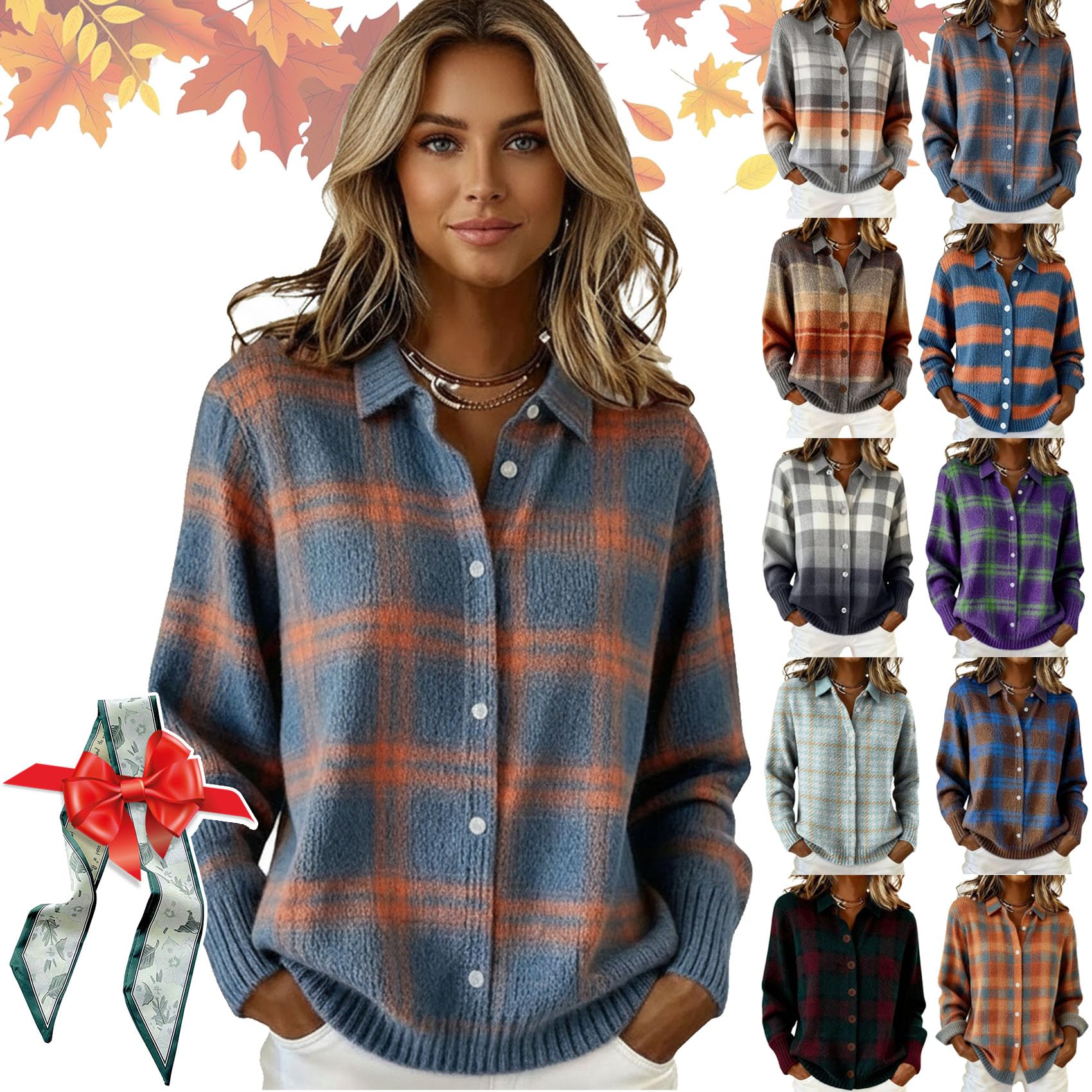 Womens Plaid Print Casual Cotton Buttoned Cardigan Sweater Cropped Plaid Cardigan Sweaters for Women