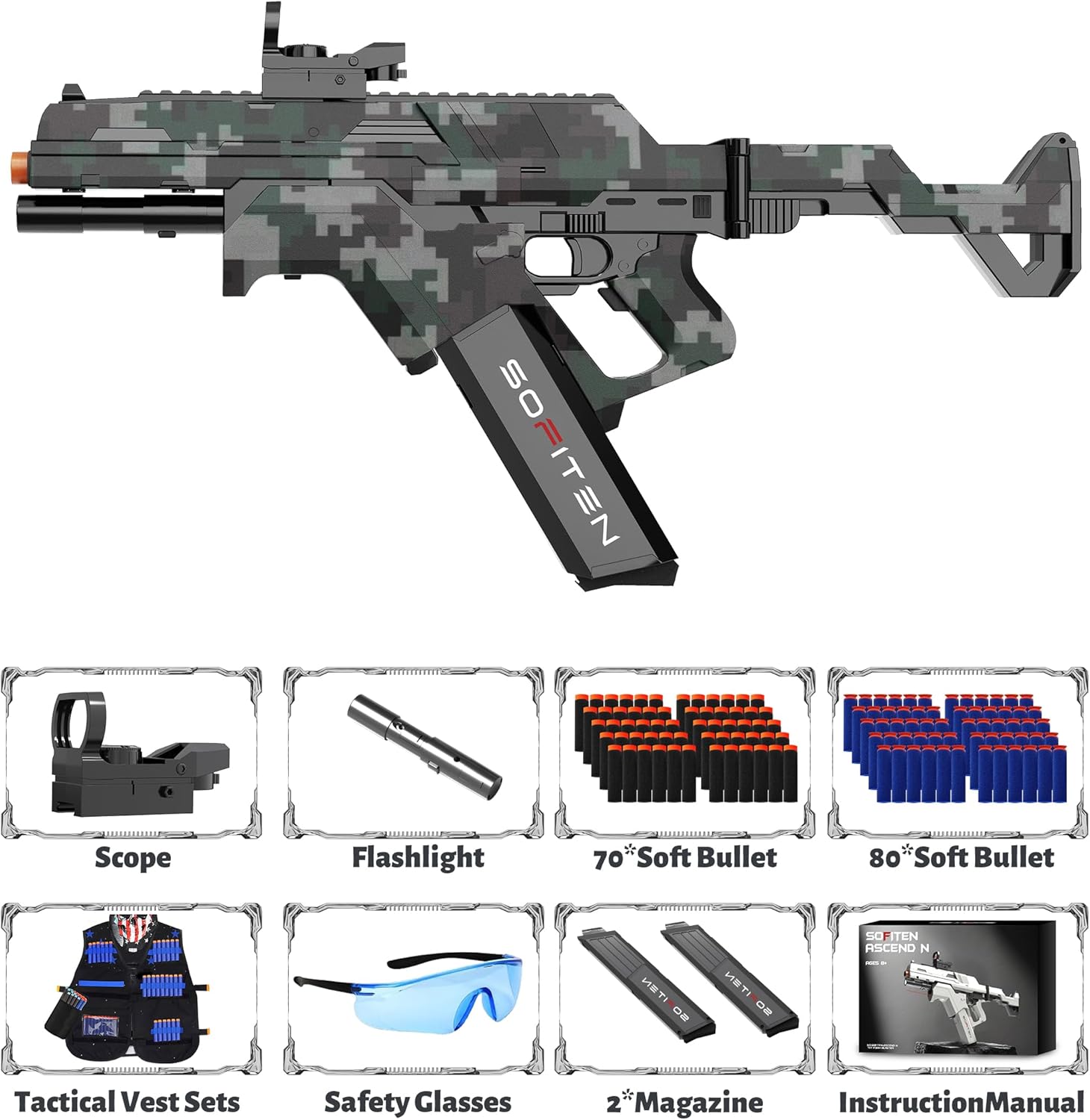 Toy Gun Automatic Sniper Rifle Toy Foam Blaster with Tactical Vest 150 Darts IR Flashlight Foldable Stock The Shooting Activity Game for Kids Age 8-12 Gifts for Birthday Xmas