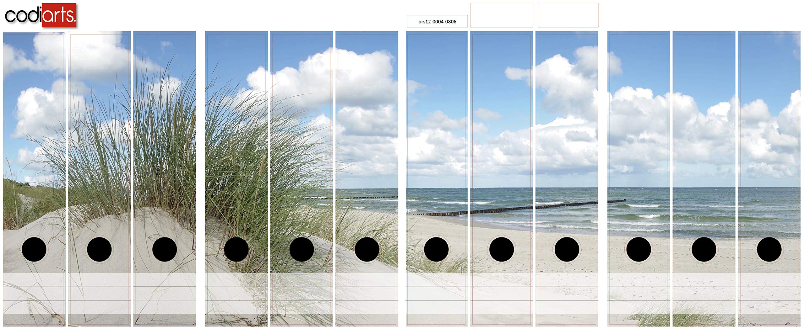 Lot d'étiquettes autocollantes pour 12 dossiers larges - Perforées avec trou de préhension - Étiquette de dos large - Motif dune plage et mer