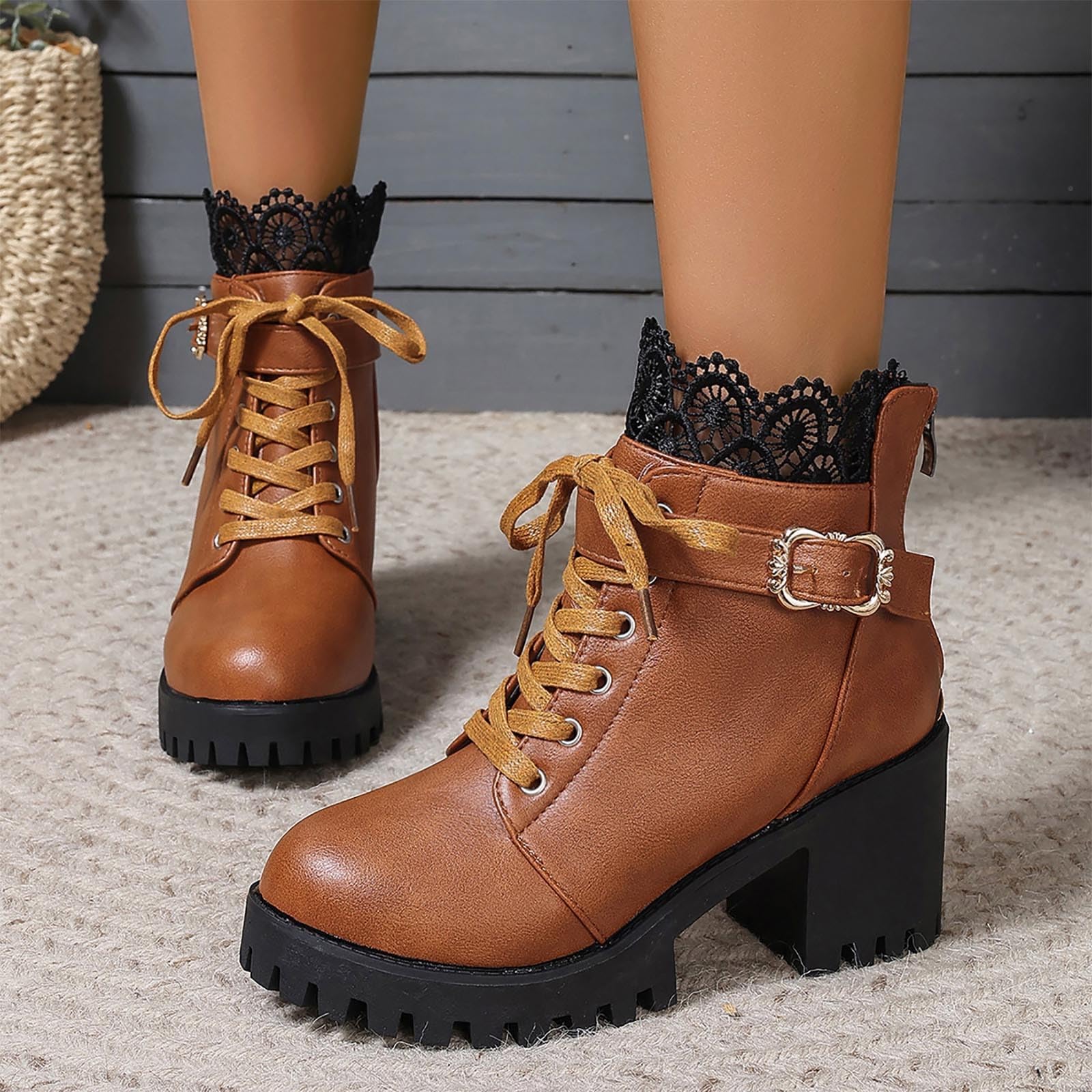 Botines De Mujer Moda Invierno Con Encaje Trasero Cremallera Plataforma Botas Con Tacón