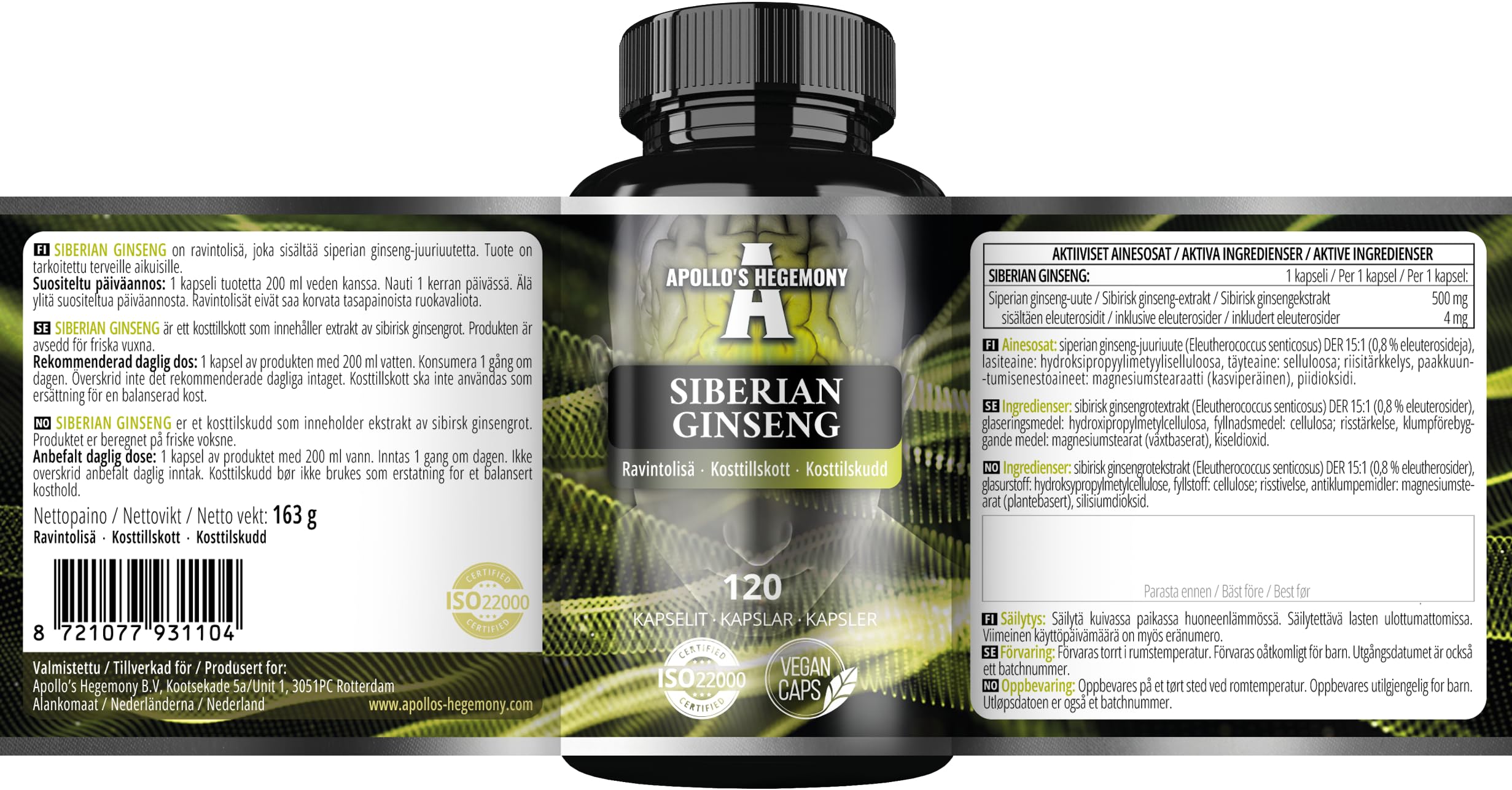 Ginseng Siberiano 500 mg - 120 Capsule Vegane - Estratto Standardizzato allo 0,8% di eleuterosidi B + E - Integratore alimentare di Apollo's Hegemony