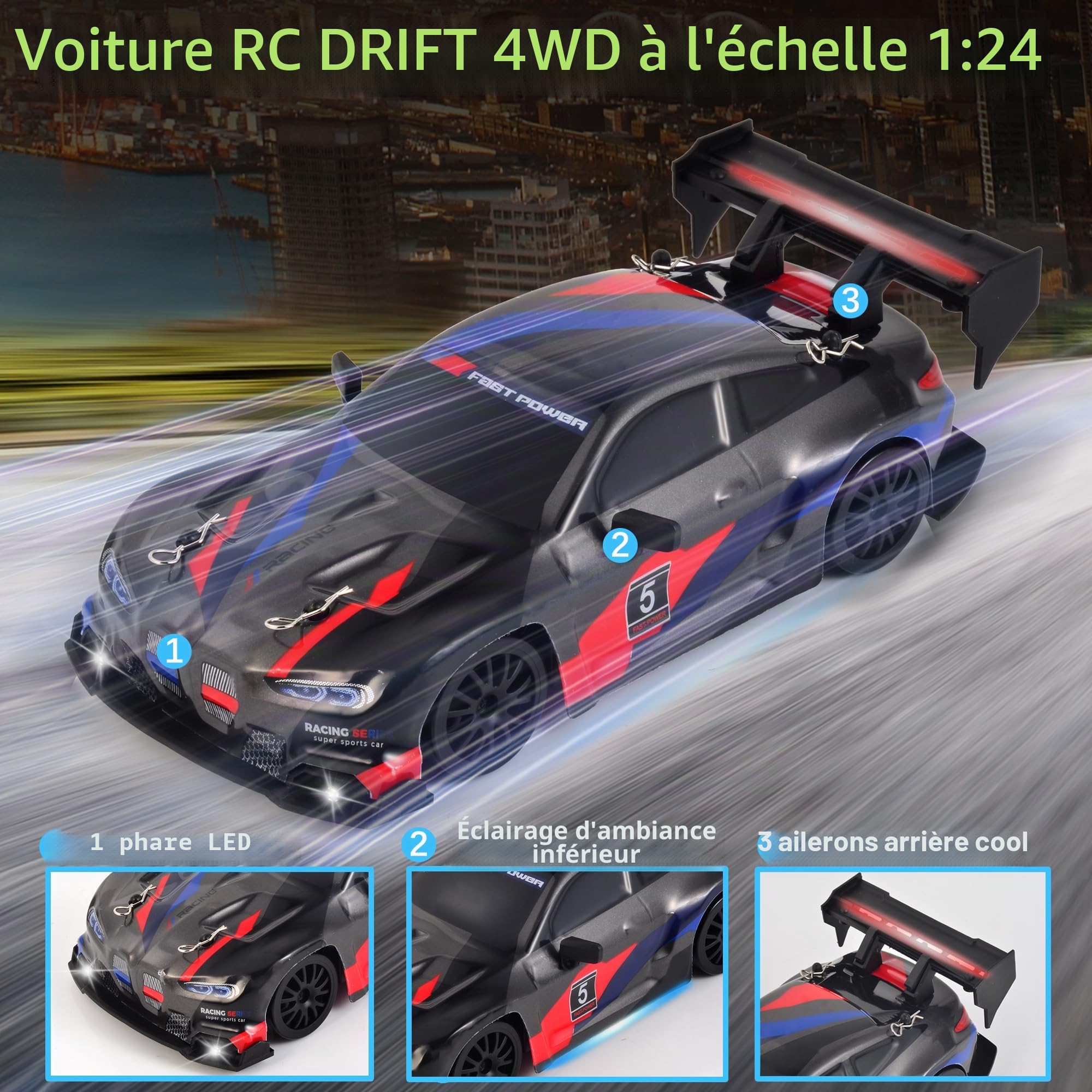 Drift Car 1:24 Voiture de course télécommandée 20 km/h 4WD 2,4 GHz Mini RC Car avec lumières LED pour enfants