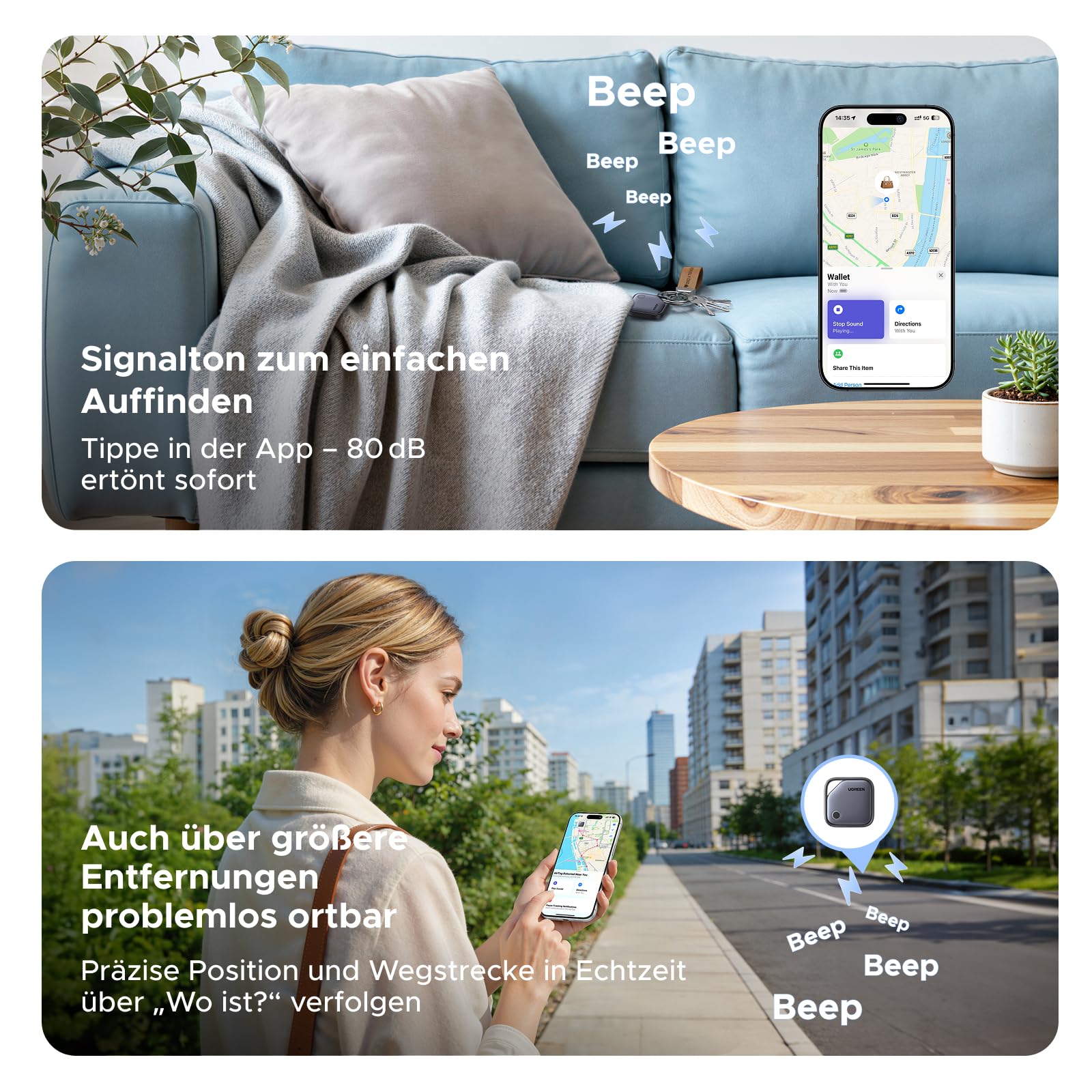 UGREEN FineTrack kompatibel mit Apple Find My (nur iOS), GPS Tracker, Schlüsselfinder mit Austauschbarer Batterie, 24 Monaten Batterielebensdauer, Tracker für Koffer, Keys, Reisepässe(4 Pack)