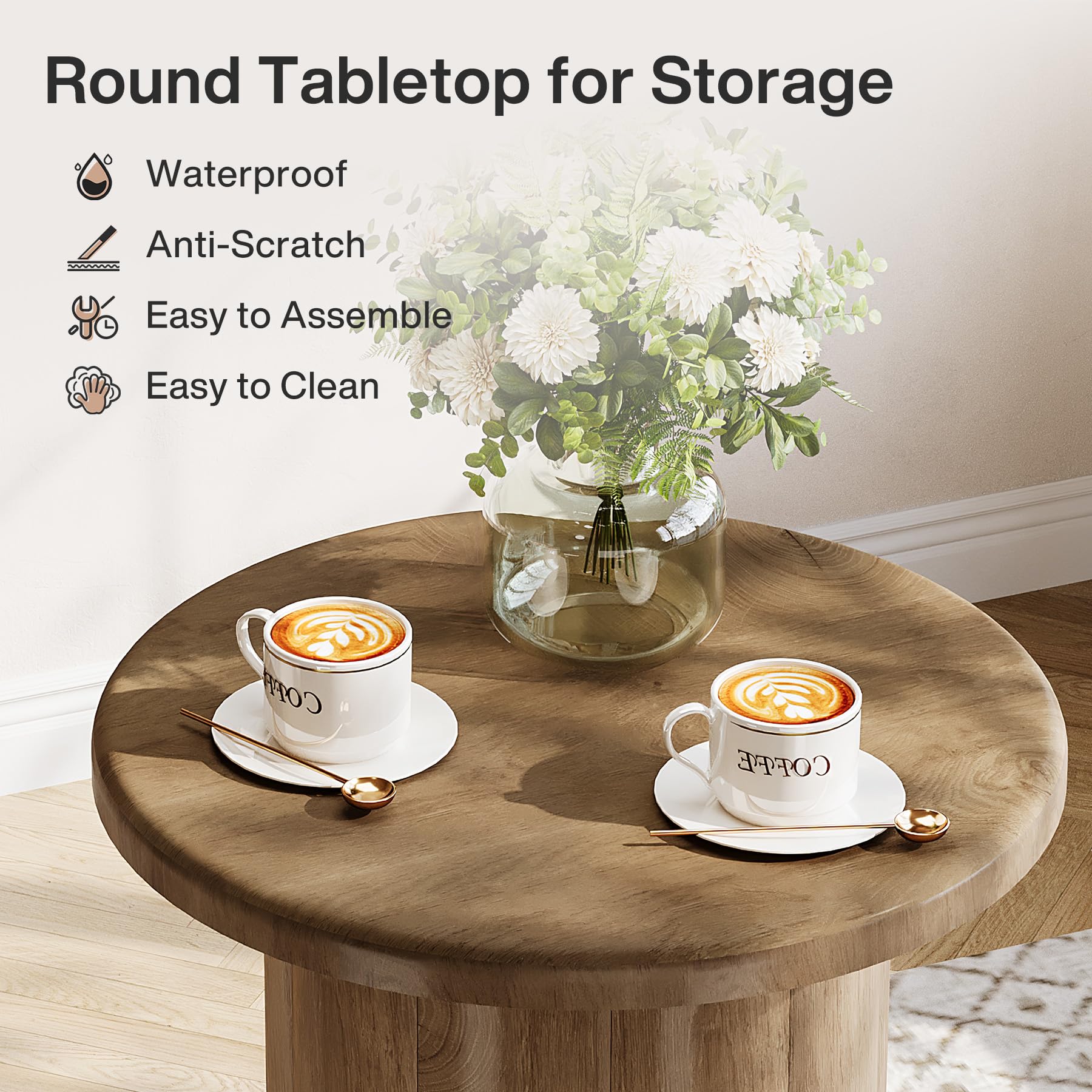 Tribesigns Round Side Table for Living Room, Farmhouse Small End Table with Fluted Base, 20-Inch Rustic Brown Nightstand, Accent Furniture for Small Space Bedroom Apartment
