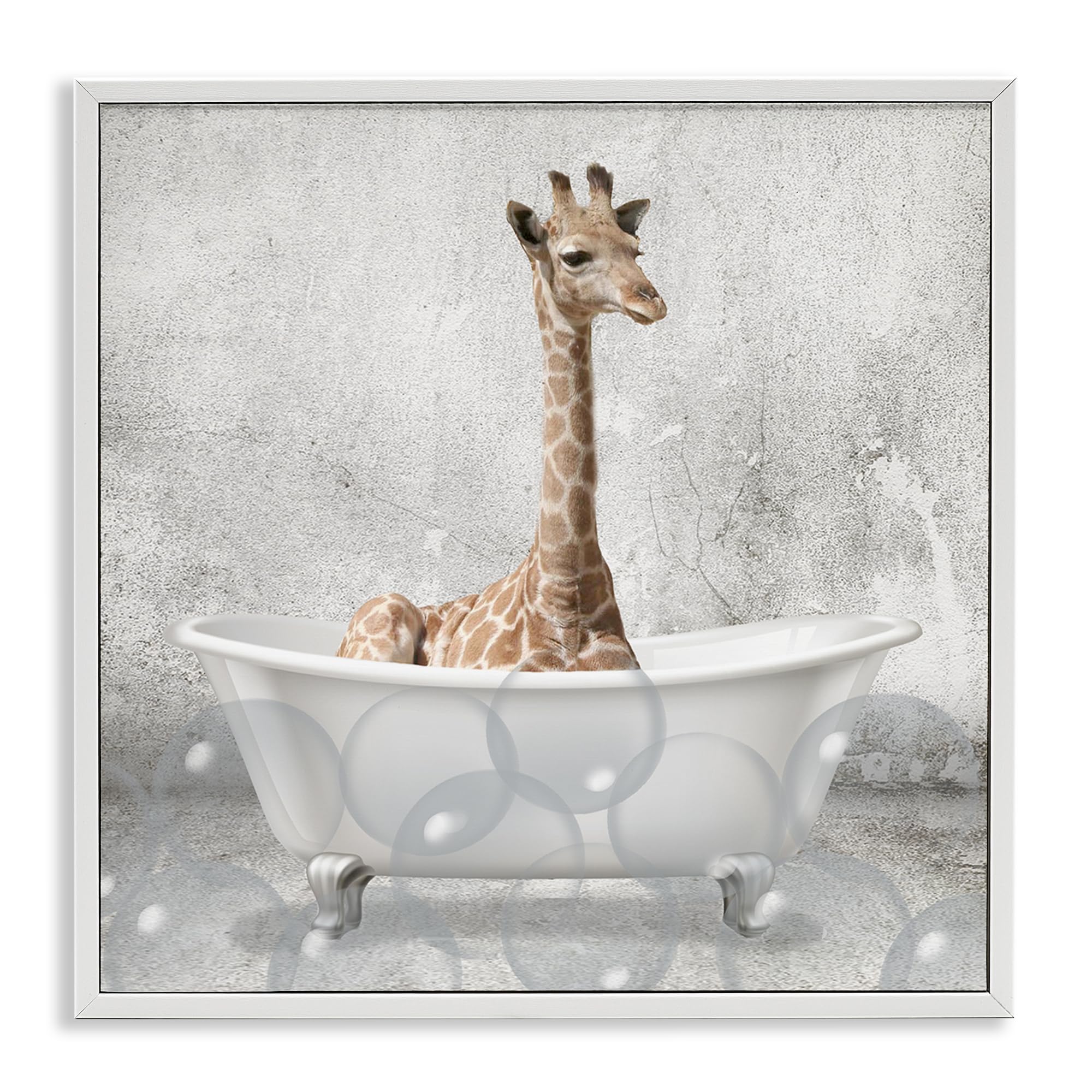 Baby Giraffe Bath Time Nursery, 17 x 17 Inch Framed Giclée Print