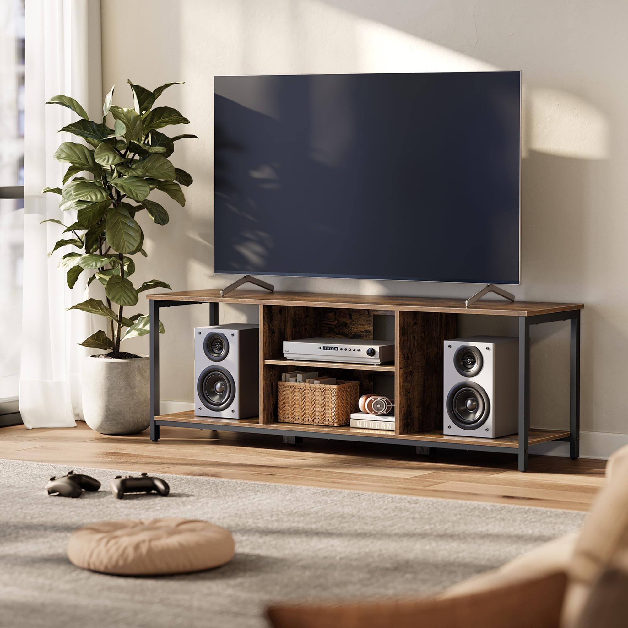 VASAGLE TV Stand for TV up to 65 Inches, TV Cabinet with Open Shelves, TV Console for Living Room, Entertainment Room, Rustic Brown and Ink Black LTV061K01
