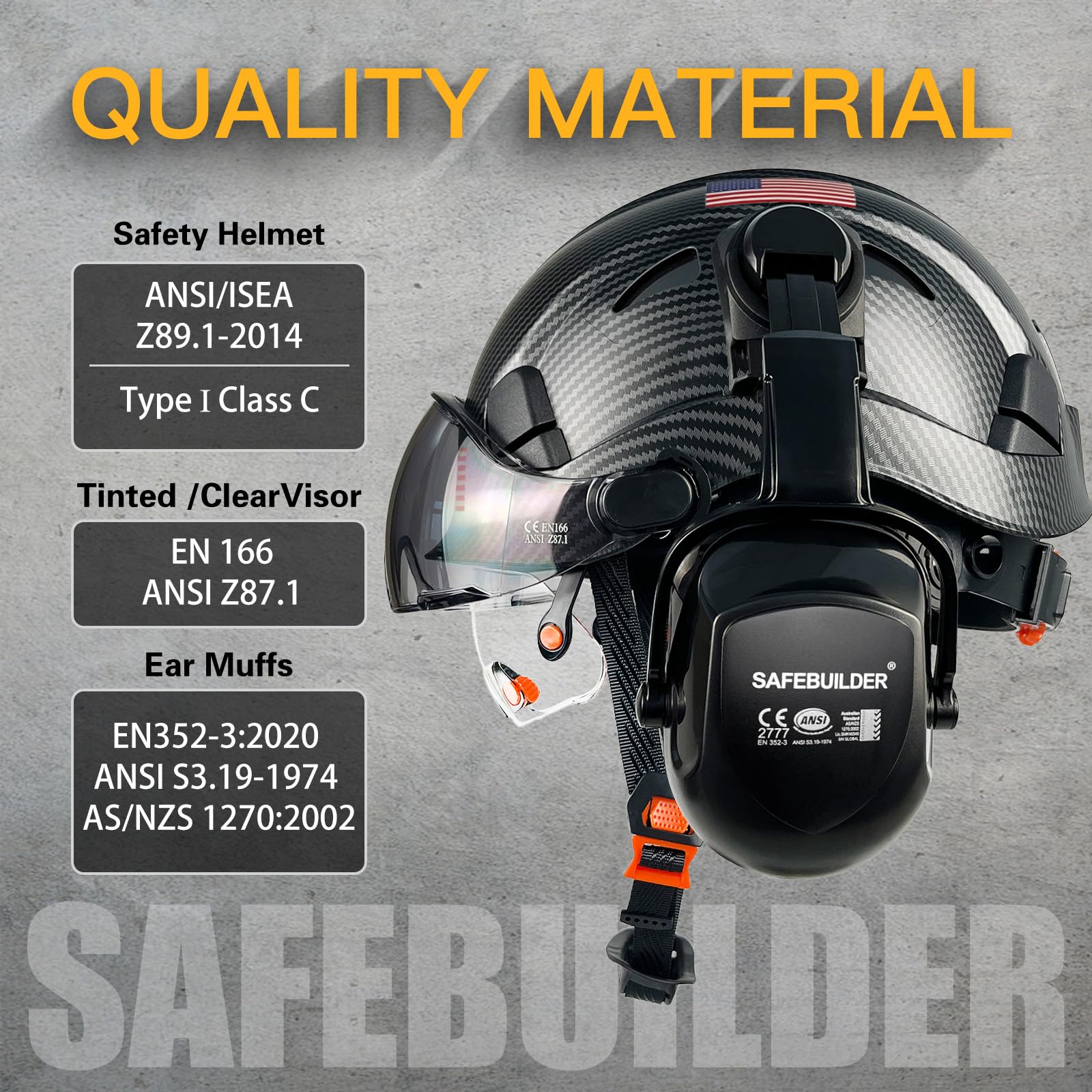 SAFEBUILDER Casco de seguridad industrial con visera para las orejas, casco duro con visera ventilada, protección de la cabeza para trabajo de construcción, ANSI