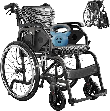 Lightweight Wheelchairs for Adults, 18" W x 16" D Aluminum Alloy Self-Propelled Wheelchair, Foldable Manual Wheelchair with Adjustable Armrest, Dual Locking Brakes & Cushion, 275 Lbs Capacity, Gray