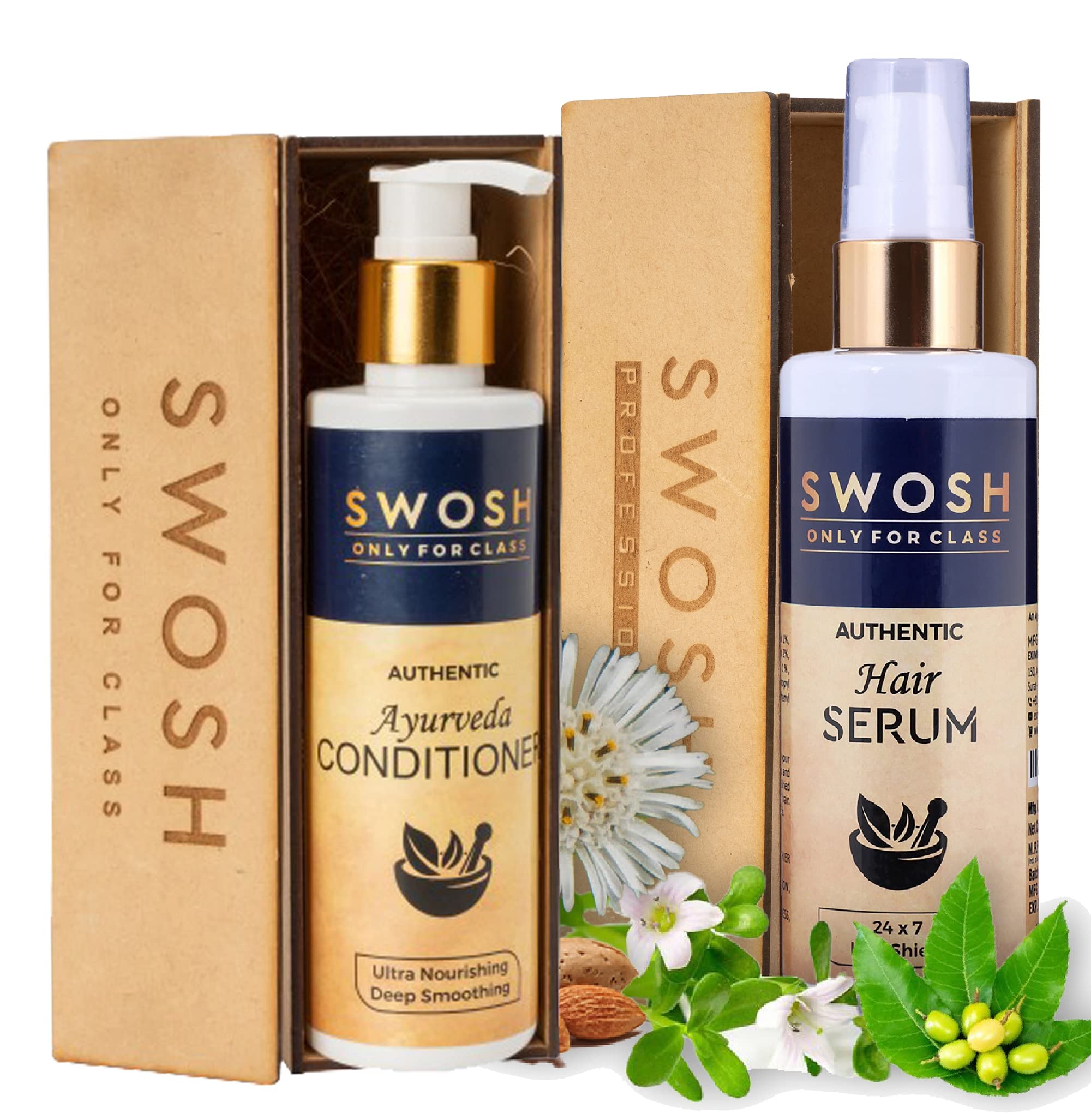 SWOSH Ayurvedic Haircare Combo Pack Of Ayurvedic Hair Conditioner 200 ml for Frizz Free, Smooth and Stonger Hair and Ayurvedic Hair Serum 100 ml For Reairs Rough, Dry and Frizzy Hair
