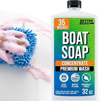 Premium Grade Boat Soap, Marine Concentrate Cleaner, Wash and Wax for Freshwater and Saltwater Use, Cleans Fiberglass Boat Hulls, RVs, Marine Cleaning Supplies