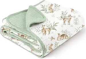 Konssy Muslin Baby Blankets for Girls Boys, 100% Cotton Crib Blanket for Infant Toddler, Super Soft and Lightweight Nursery Swaddling Wrap 40"x36" (Woodland)