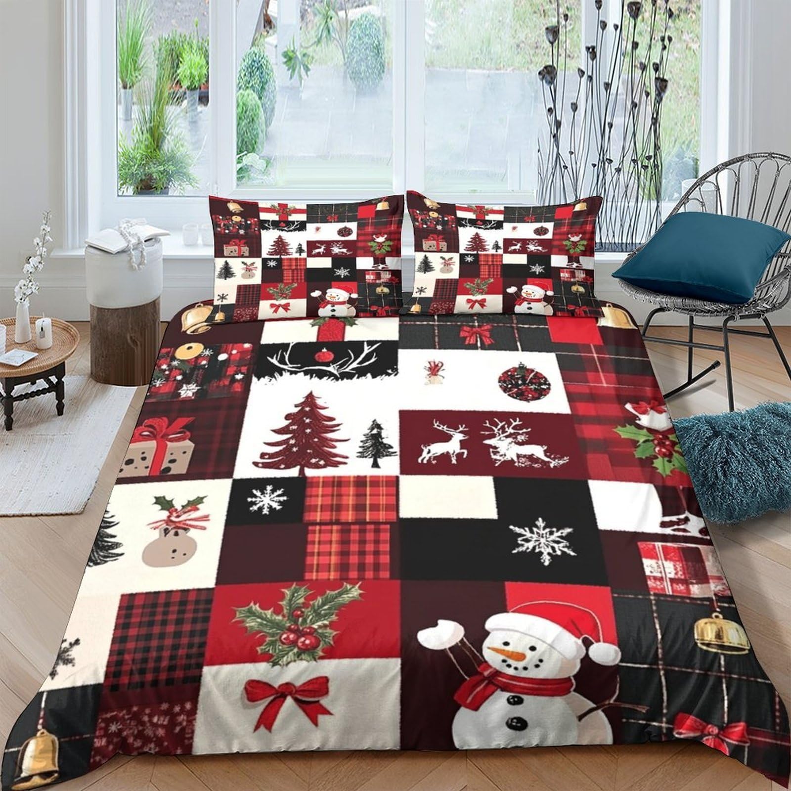 Ctjqhvkz Style-1 3D Printed Christmas Patchwork Fitted Sheet Microfiber Plaid Snowman Bed Cover For Bedroom Guest Room Sofa Decor Single（135X200cm）