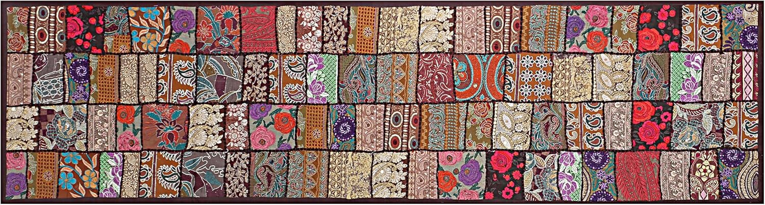 Treen Art New Linen Table Runner Ethnic 100% Cotton Embroidered Handcrafted Home Decor Long Patchwork Dining Table Cloth (Brown, 16"" W x 60"" L)