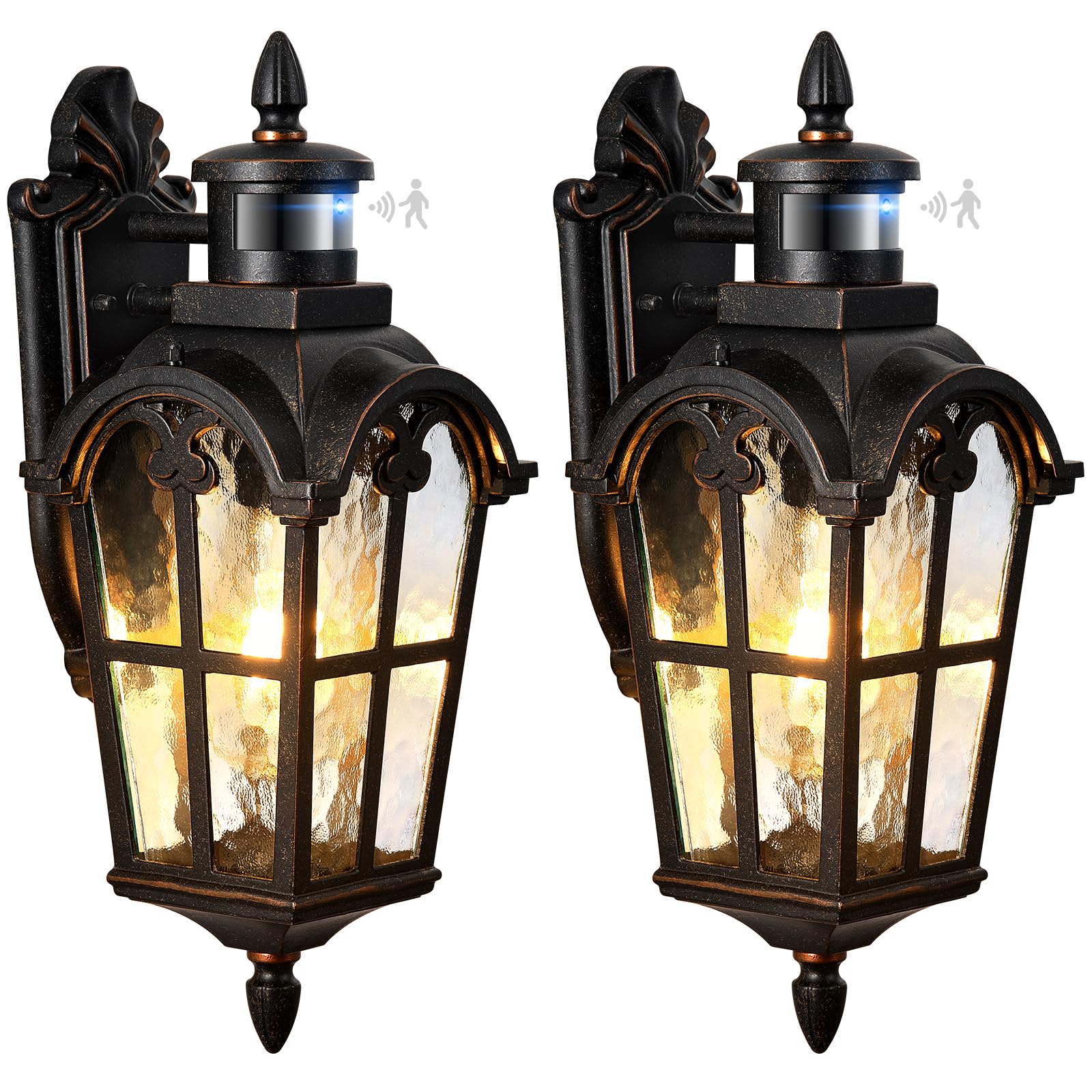 VIANIS 16.4" Outdoor Motion Sensor Light, 2 Pack Vintage ORB Porch Lights Outdoor Lantern, Dusk to Dawn Outside Light Fixtures Wall Mount, Aluminum