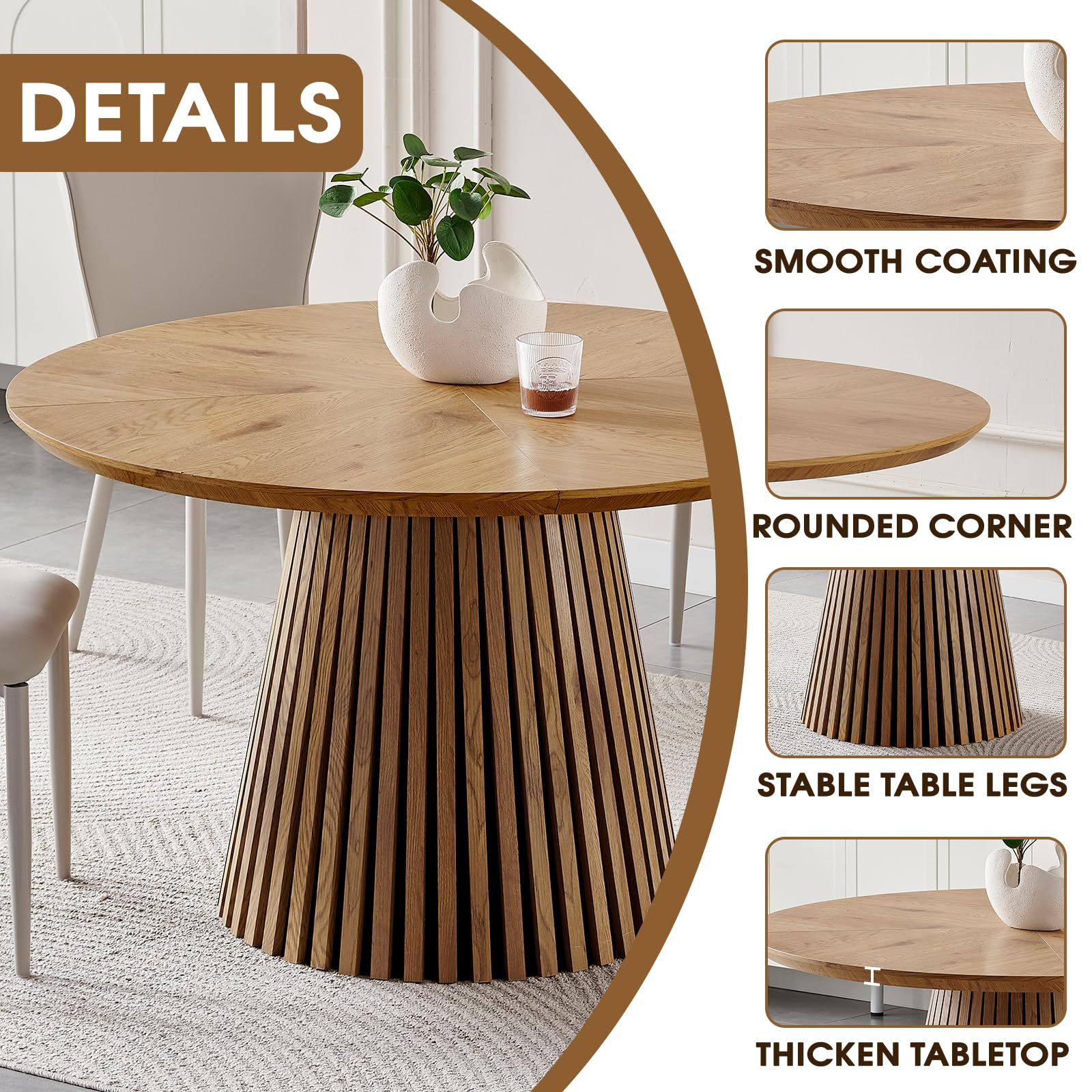 Nowoczesny okrągły stół z płyty MDF 120 cm dla 4 osób – styl wiejski z karbowaną podstawą oszczędzające miejsce meble kuchenne i jadalniane wykończenie z naturalnego drewna i stylowy design