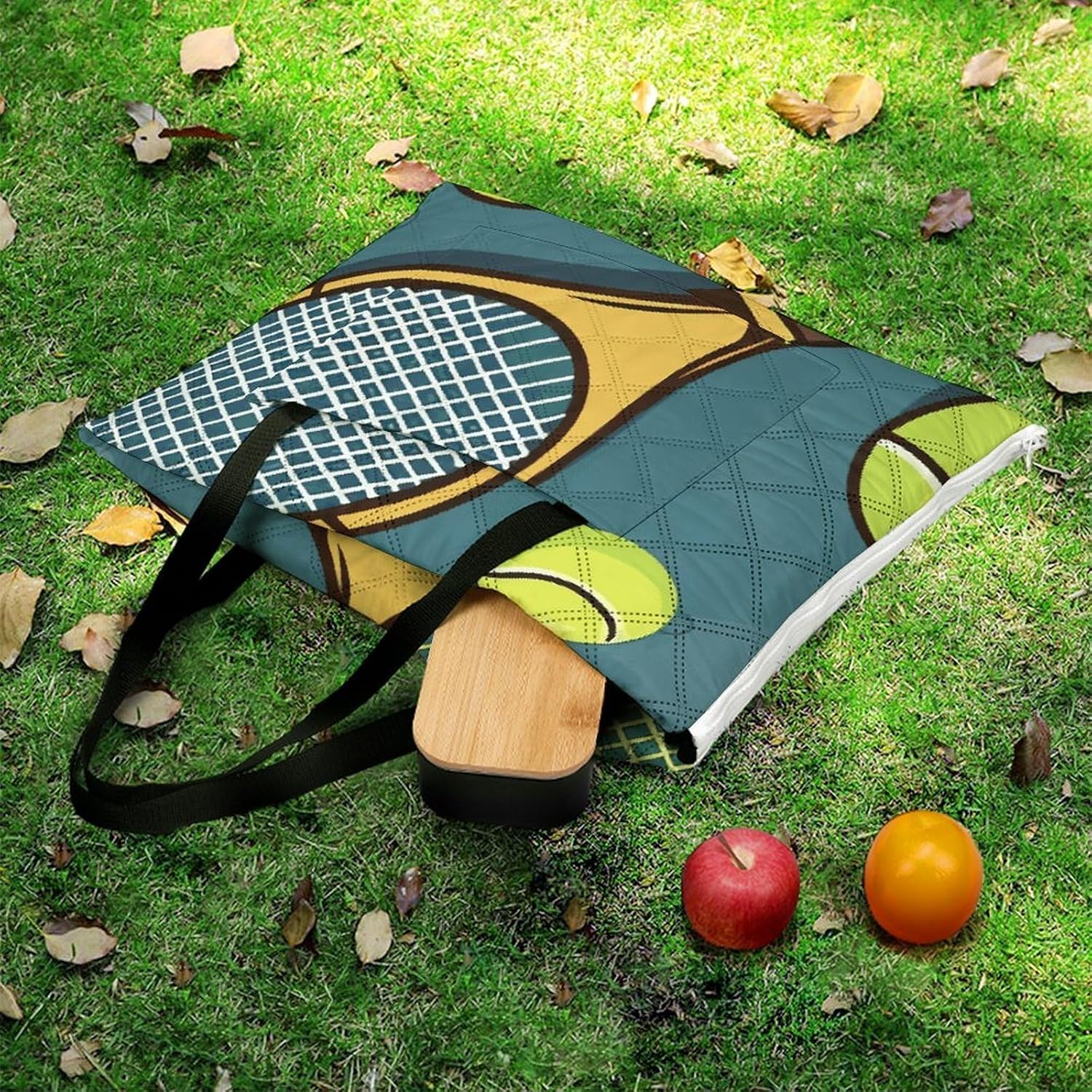 Funny Tennis Racquets And Tennis Balls Picnic Blanket 150x150cm, Foldable 2-in-1 Picnic Mat And Tote Bag Portable Waterproof Beach Mat Sandproof Outdoor Blanket for Park, Hiking, Beach, Camping, Trave