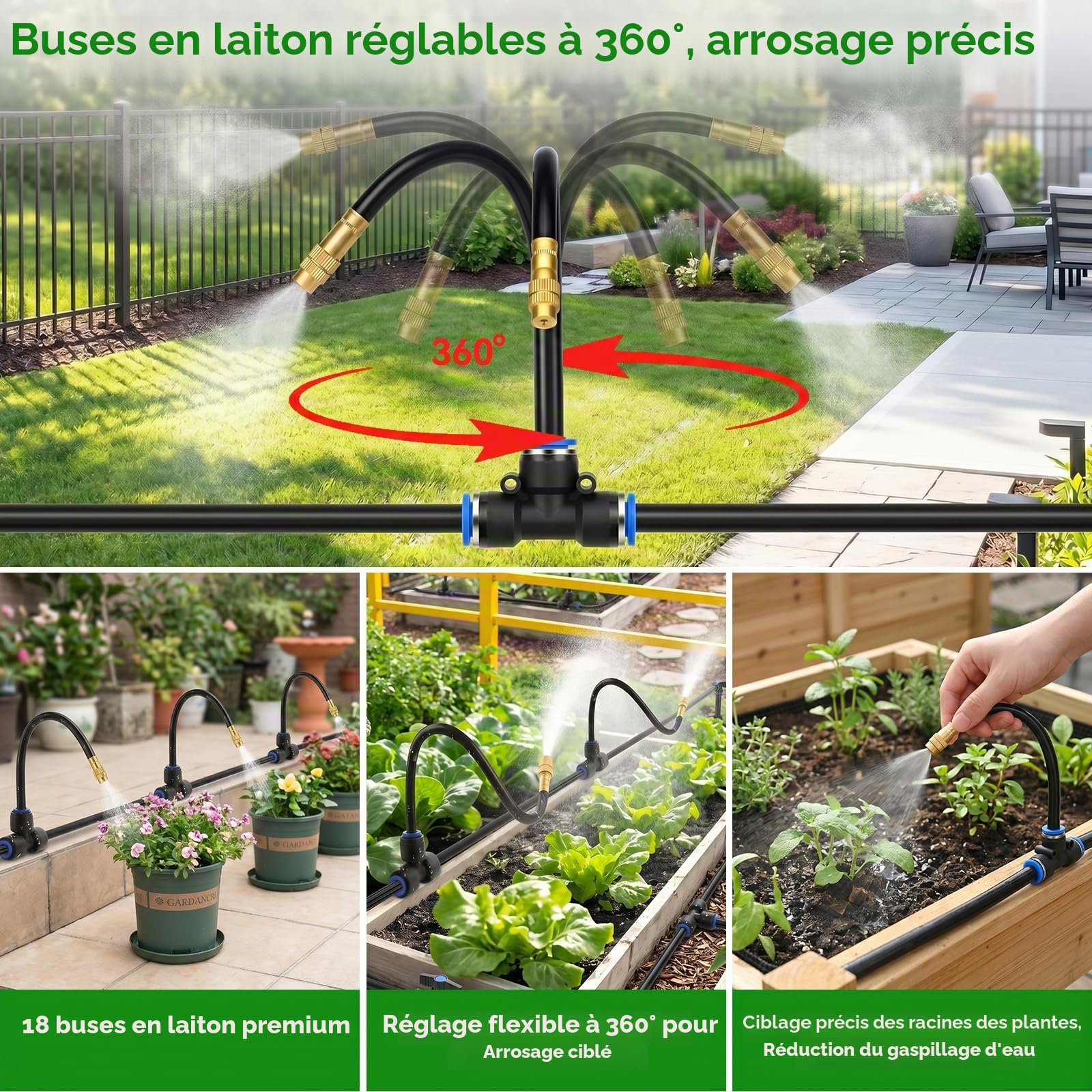 Système irrigation Automatique jardin 18m, avec Capteur Pluie et Minuterie | Kit Arrosage Automatique Goutte à Goutte avec Tuyau 18 m et 18 Buses 360°, pour Potager, Serre, Massif Fleurs, Plantes en Pot