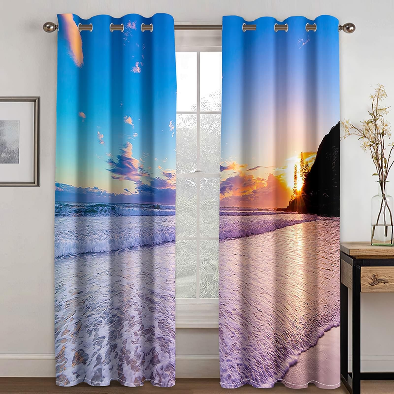 Küchenvorhänge Landhausstil, 96x229cm Orange Blau Sonnenuntergang Meer Vorhang für Schlafzimmer