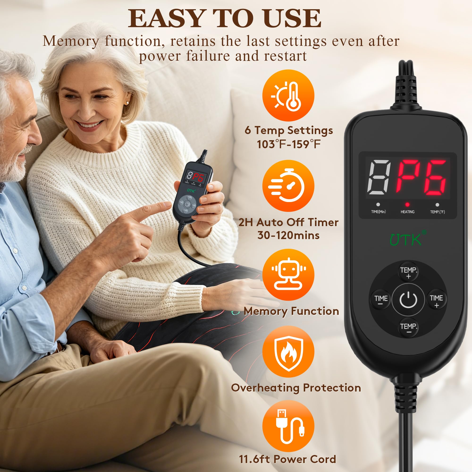 UTK Almohadilla térmica grande por infrarrojos lejanos para aliviar el dolor de espalda, almohadillas térmicas eléctricas XL con turmalina para cuello y hombros, calambres menstruales, regalos para
