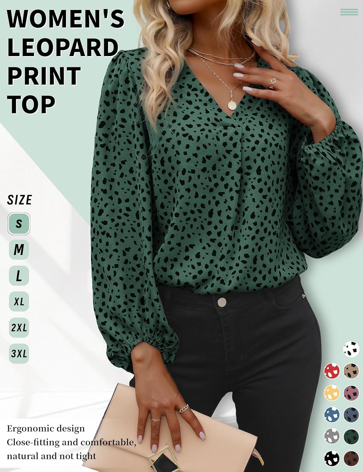 Long Sleeve Blouses for Women, Leopard Print Chiffon Tops V Neck Loose Business Shirts Casual Work Tunic - Image 4