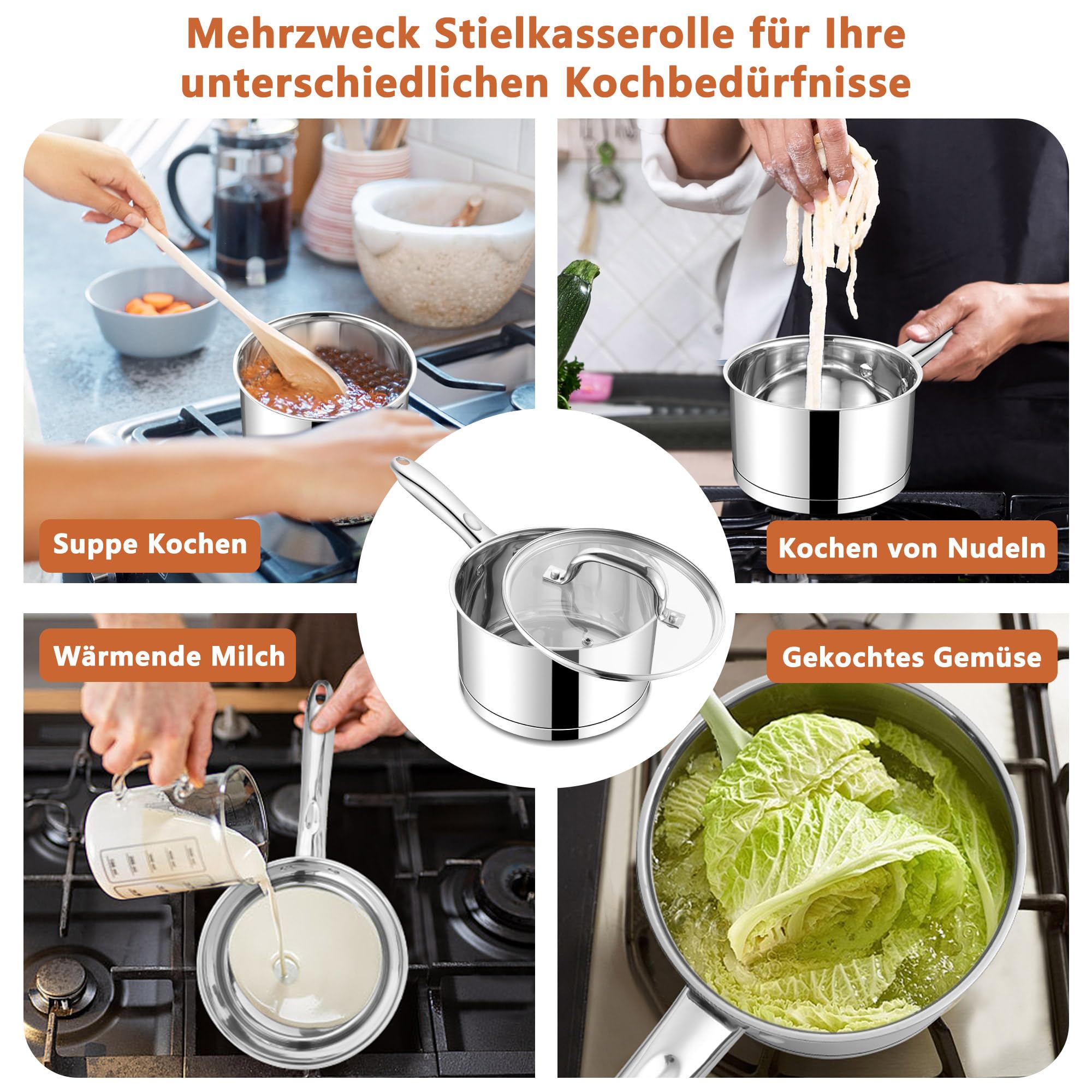 Homikit Rondel 14 cm, stal nierdzewna, mały garnek na mleko ze szklaną pokrywką, 3-warstwowe dno do wszystkich rodzajów kuchenek, garnek indukcyjny 0,95 l, na małe porcje, niemalowany i nadaje się do
