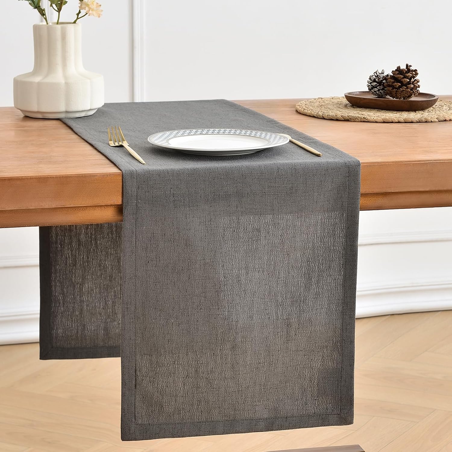 Wracra Linen Style Table Runner, Rustic Farmhouse Charcoal