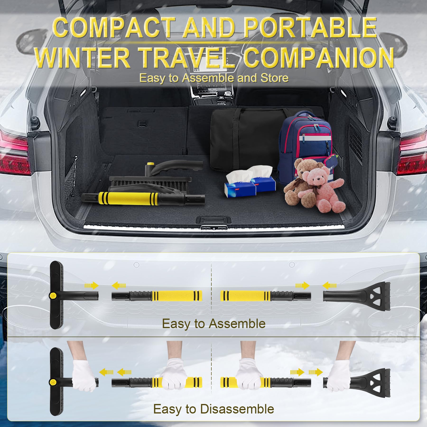 LivTee Rascador de hielo y cepillo de nieve para parabrisas de automóvil, herramienta extensible de 32 pulgadas para quitar nieve con cepillo giratorio de 360°, accesorios exteriores de automóviles y