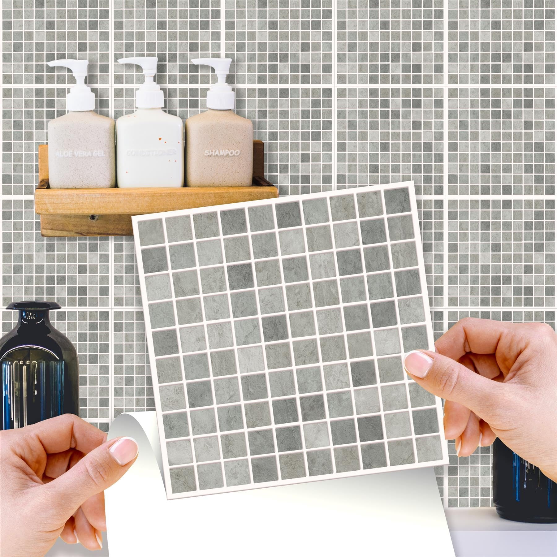 WALPLUS 15cm(6") 24 Pieces Natural Grey Limestone Mosaic Wall Tile Sticker Set Peel and Stick Backsplash Decals Vinyl Home Decors Splashback for Kitchen Bathroom Tile Paint Stick on Wall