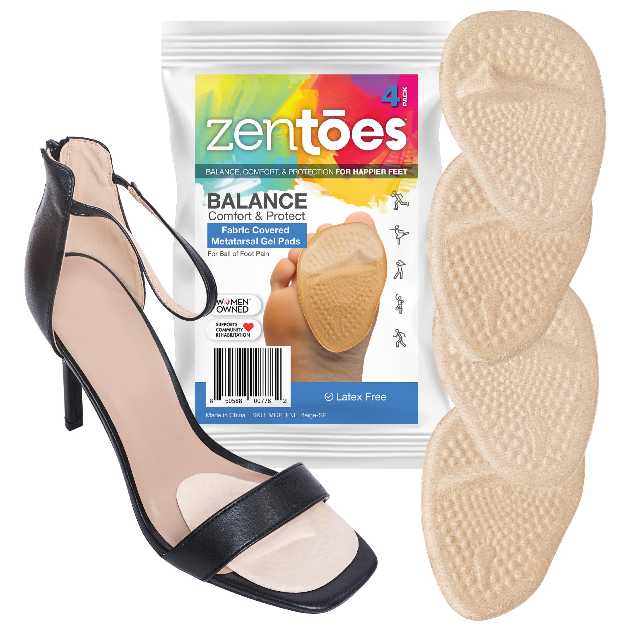 ZenToesHigh Heel Comfort Pads for Ball of Foot Pain, Self Stick Adhesive Gel Cushion Shoe Inserts for Women - 2 Pairs
