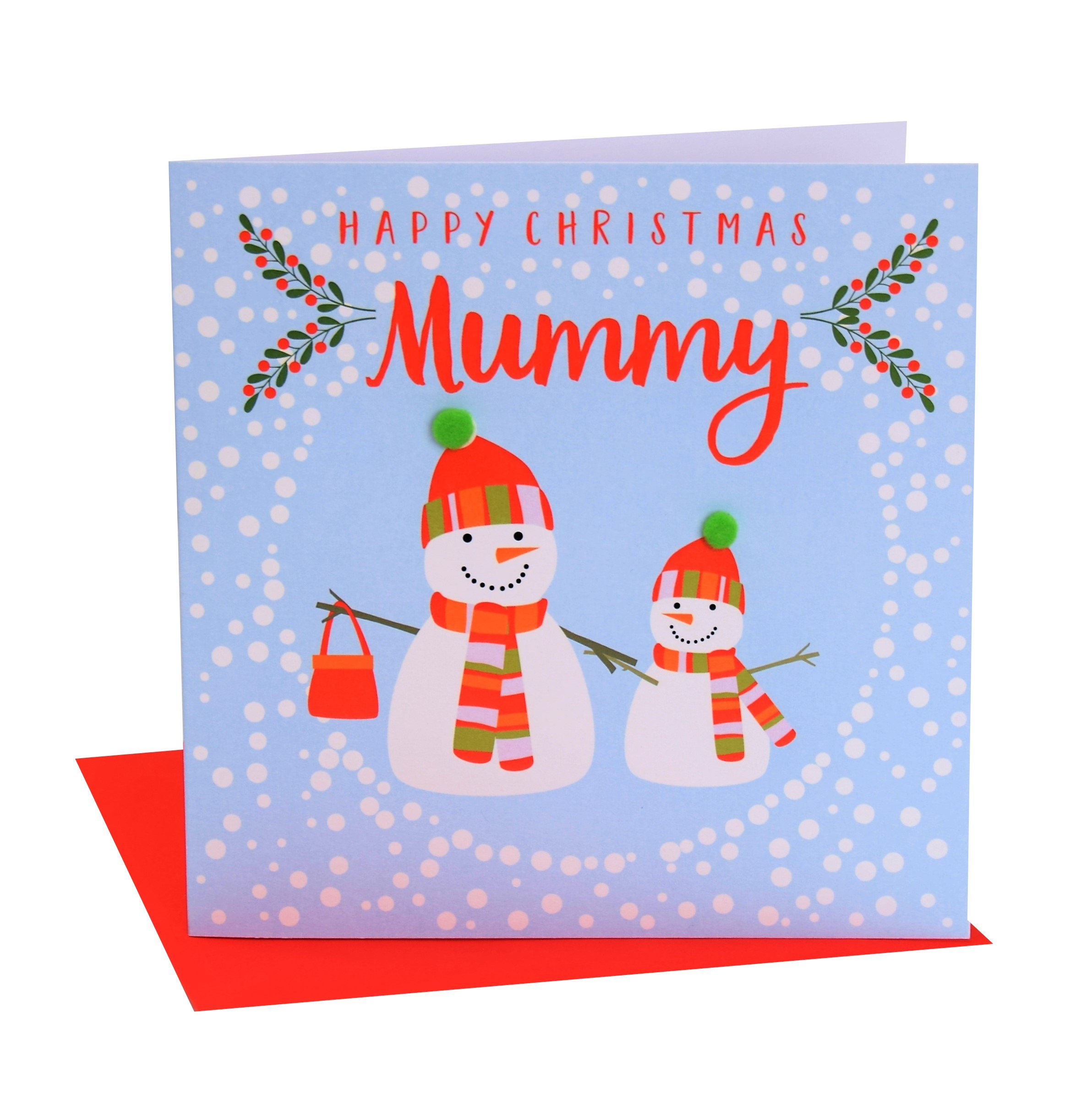 Claire Giles Greeting Cards, Happy Christmas Mummy Card, Big snowman, little snowman design xmas Greeting Card, Embellished with Colourful Pompoms