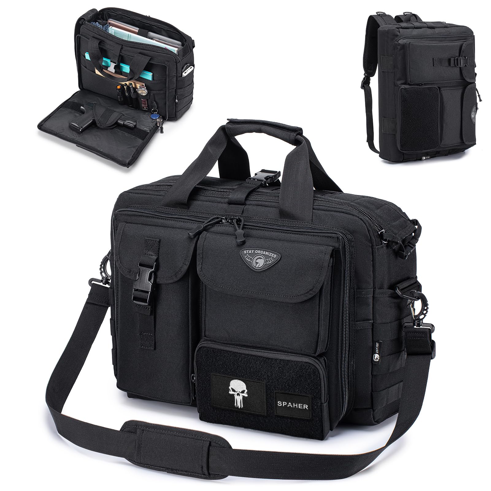 SPAHER 3 in 1 Borsa Porta PC 17,3" Zaino Tattica Borsello Uomo a Mano Nero | Sistema MOLLE, Scomparto per Laptop Imbottito, Oxford Impermeabile, Tracolla Nascosta, per Lavoro Camping Escursioni Viaggi