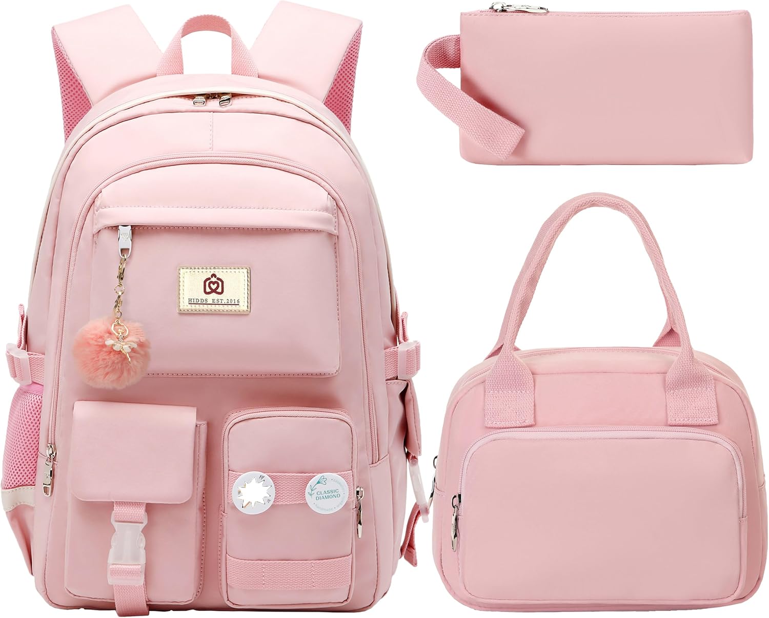Hidds School Backpack for Teen Girls Women College Laptop Backpacks Kids Cute Bookbag Set with Lunch Box Pencil Case Elementary Middle High Campus Bag 3 Pcs Students Bookbags Sets Travel Daypack-Pink
